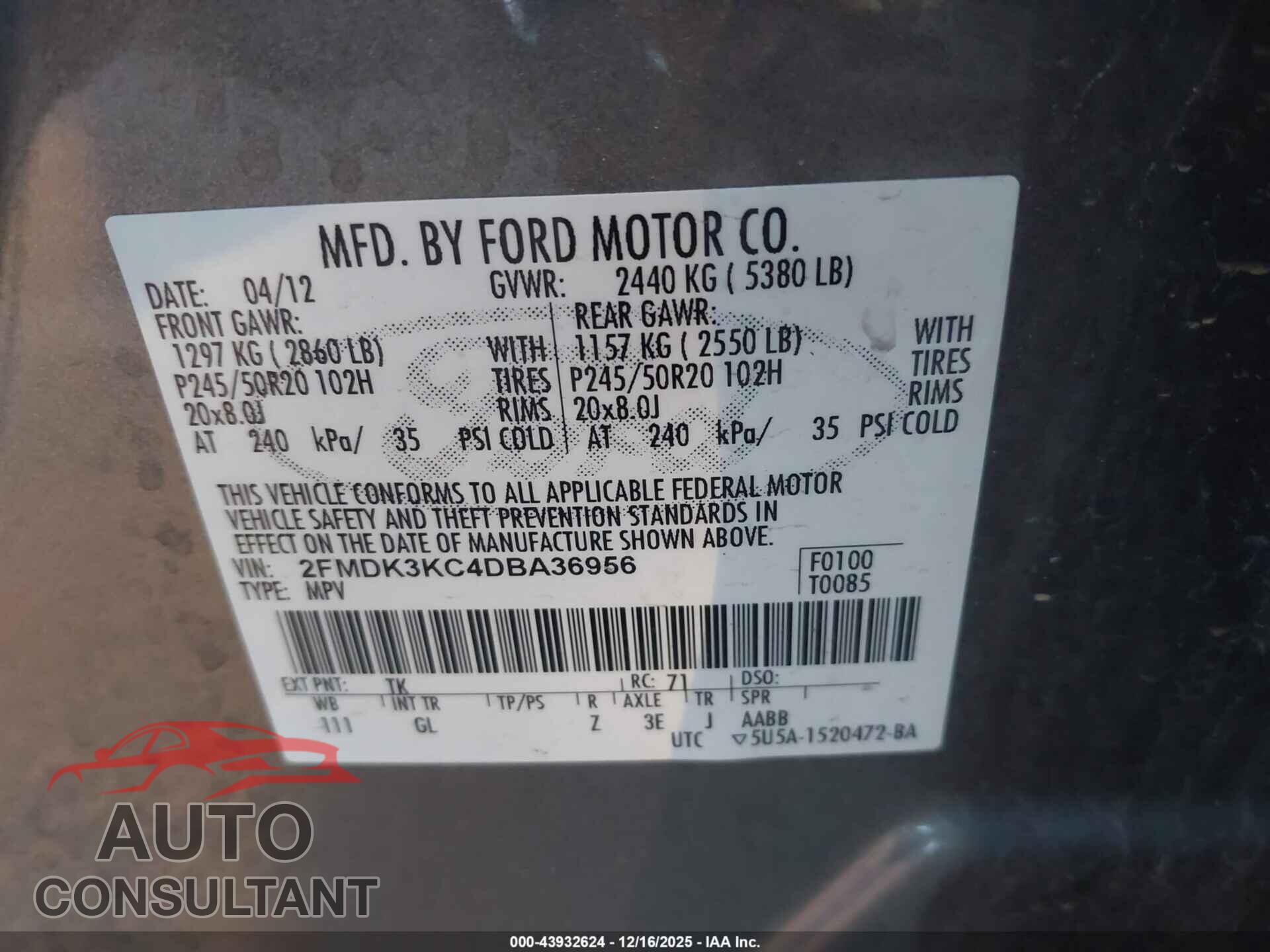 FORD EDGE 2013 - 2FMDK3KC4DBA36956
