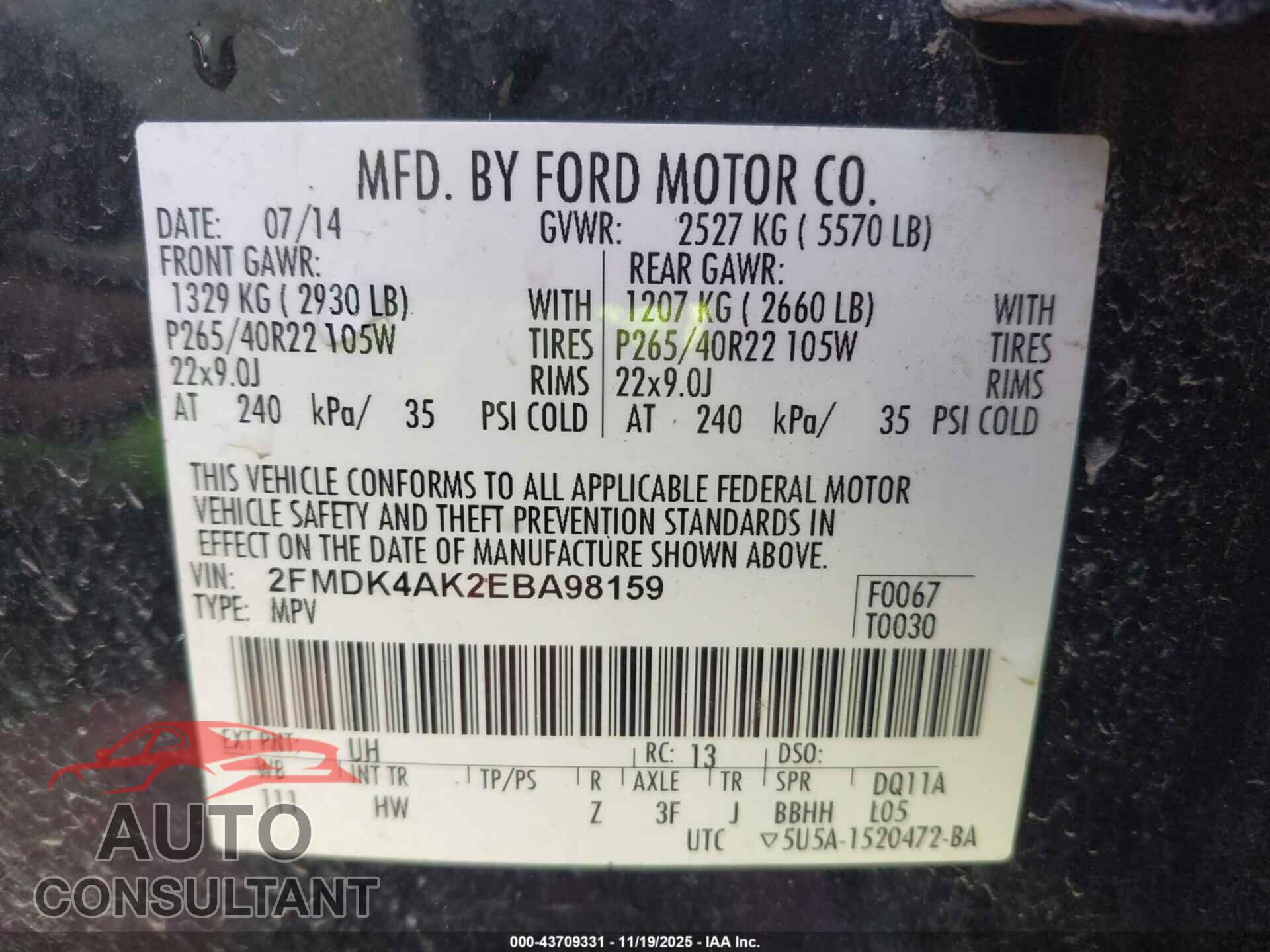 FORD EDGE 2014 - 2FMDK4AK2EBA98159