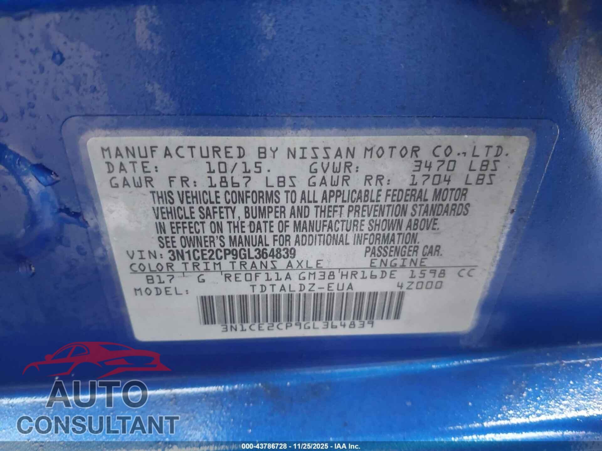 NISSAN VERSA NOTE 2016 - 3N1CE2CP9GL364839