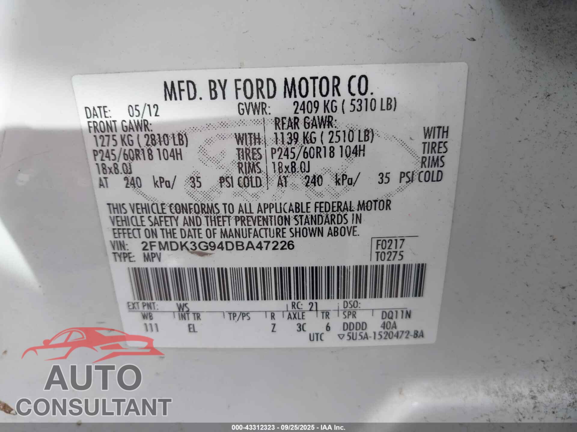 FORD EDGE 2013 - 2FMDK3G94DBA47226