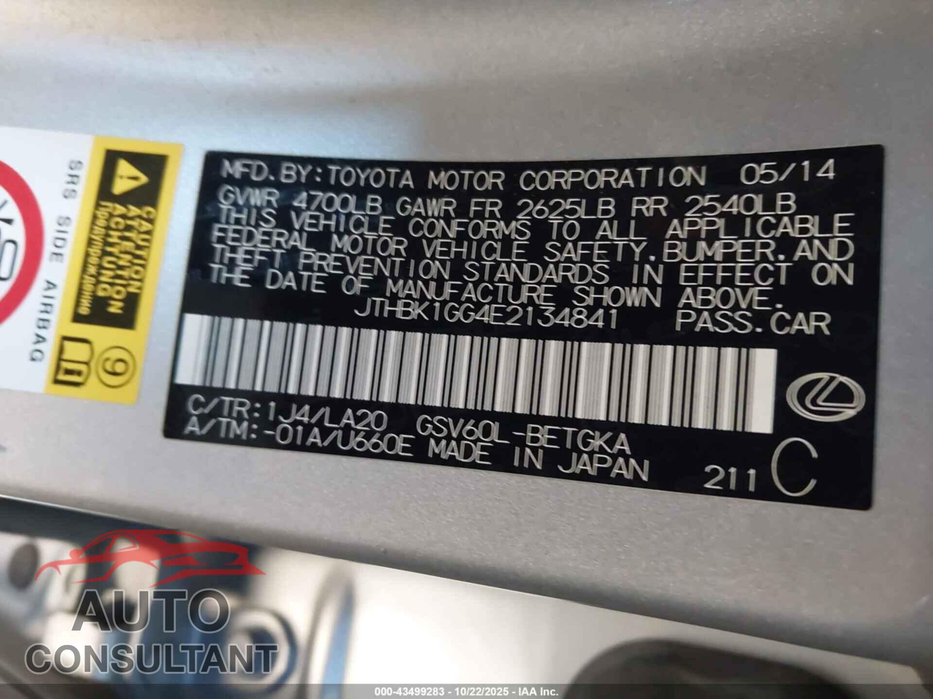 LEXUS ES 350 2014 - JTHBK1GG4E2134841