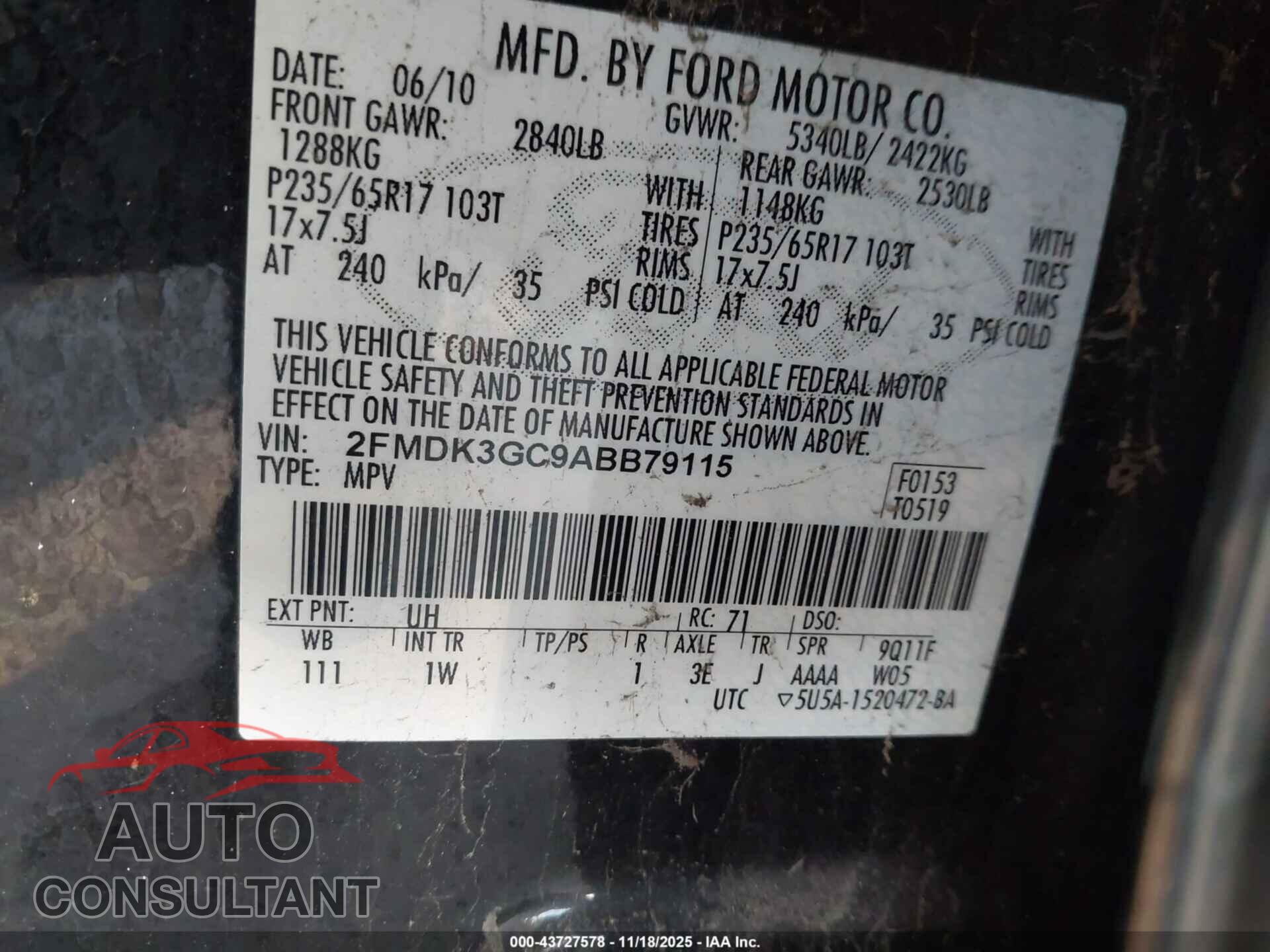 FORD EDGE 2010 - 2FMDK3GC9ABB79115