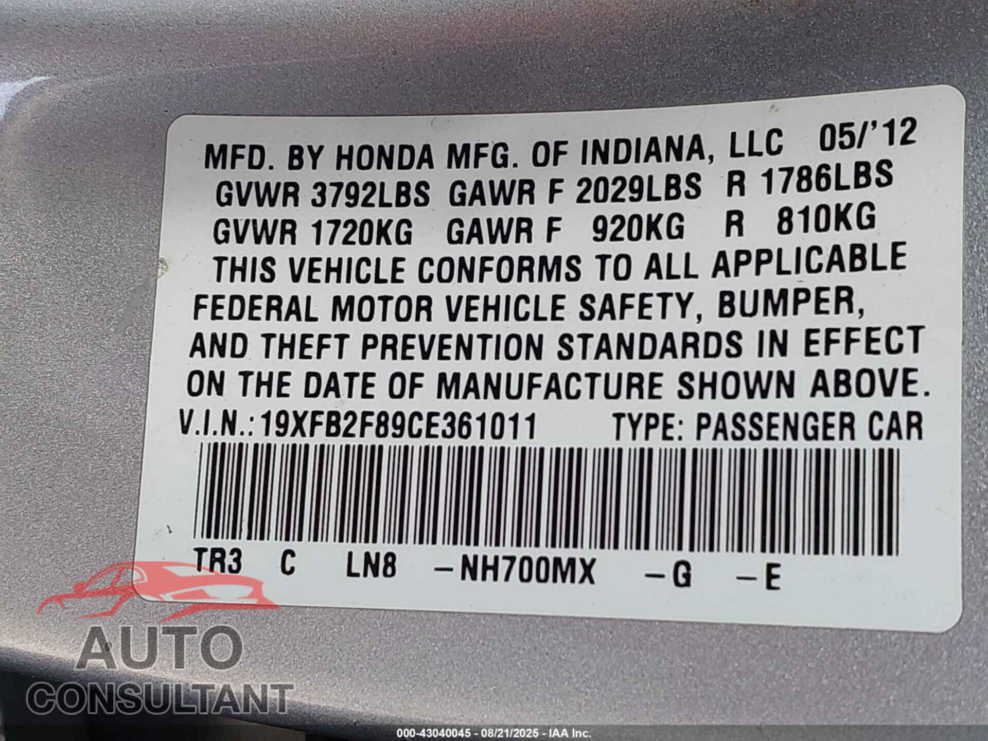 HONDA CIVIC 2012 - 19XFB2F89CE361011