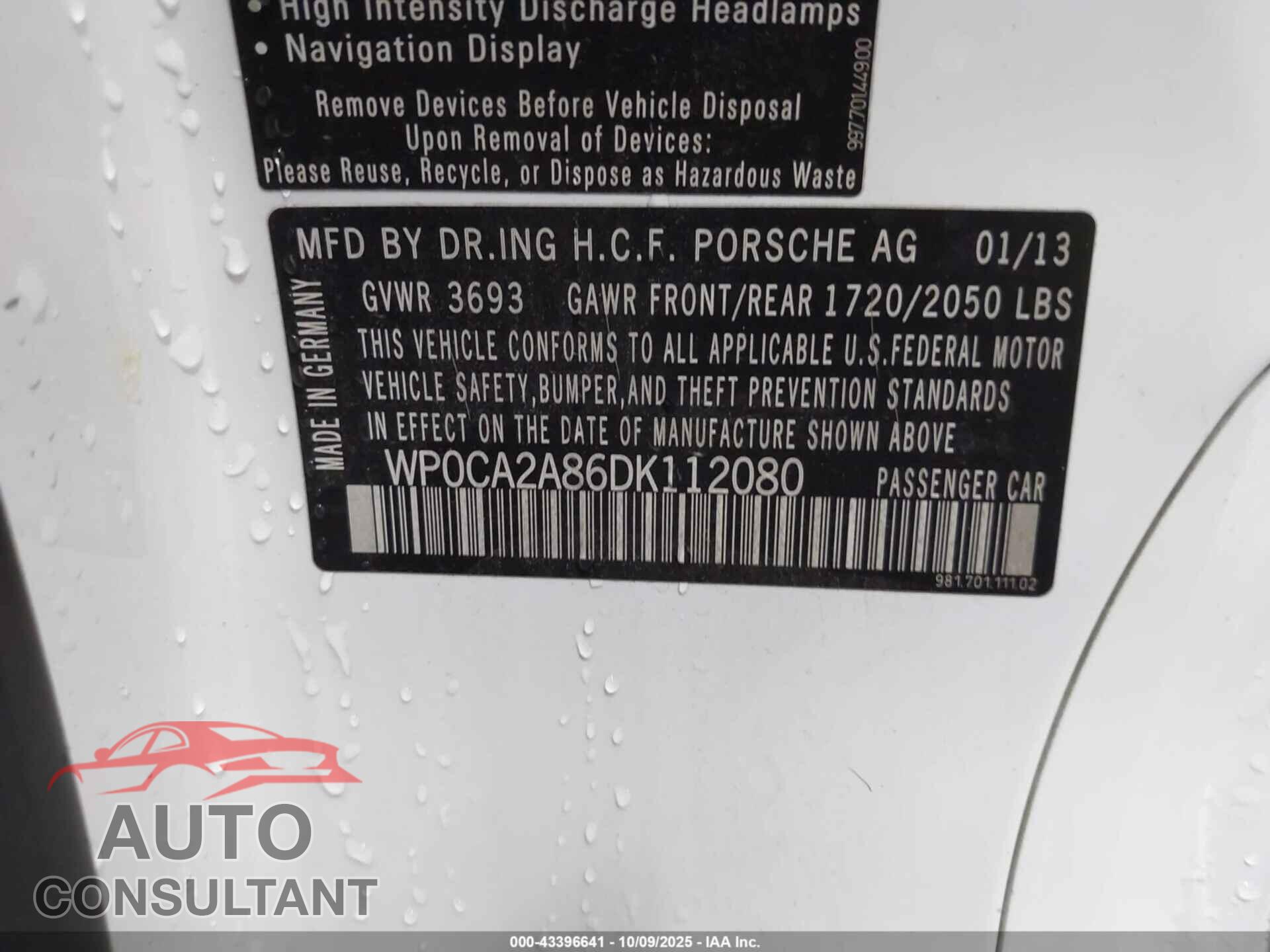 PORSCHE BOXSTER 2013 - WP0CA2A86DK112080