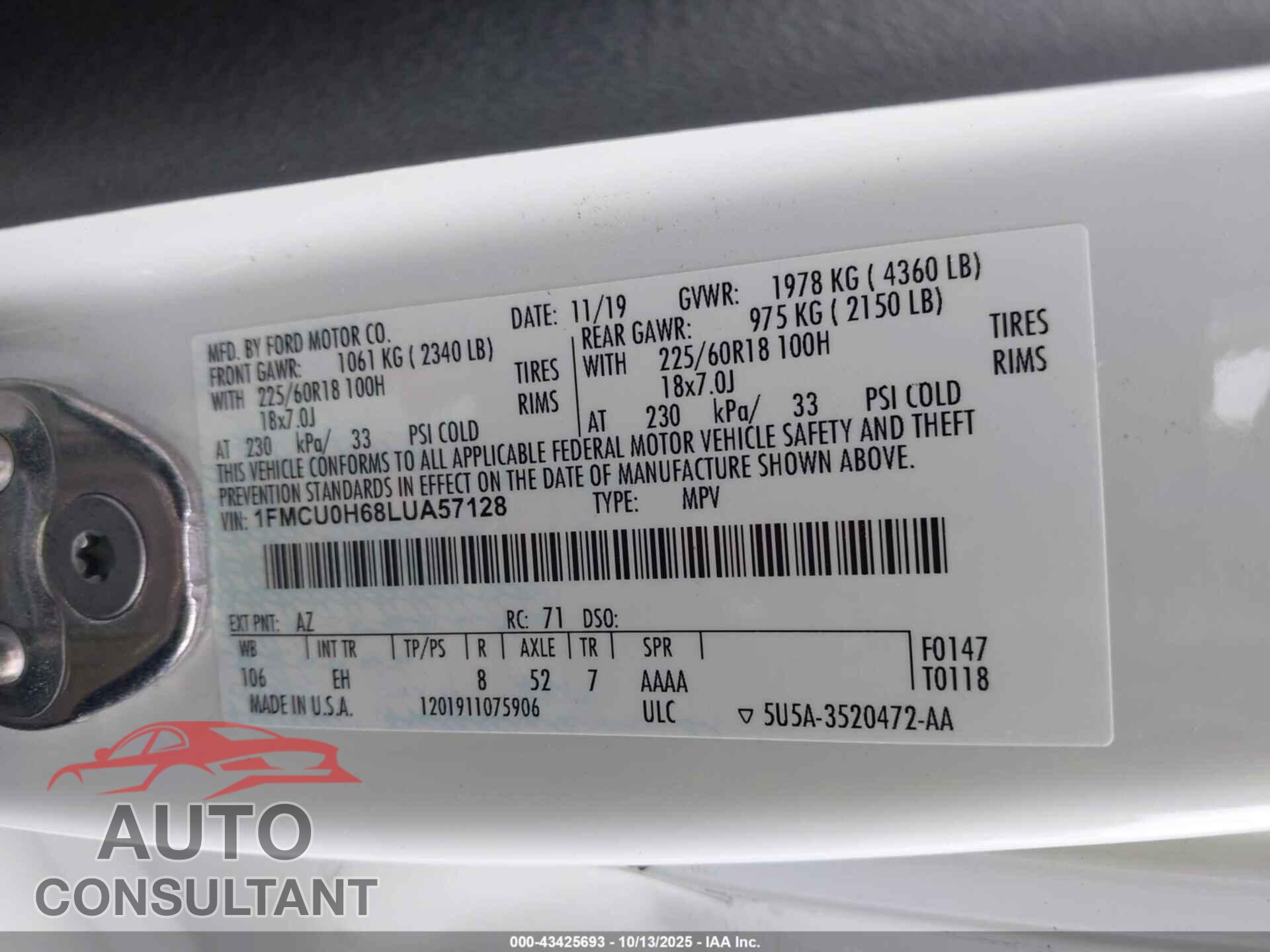 FORD ESCAPE 2020 - 1FMCU0H68LUA57128