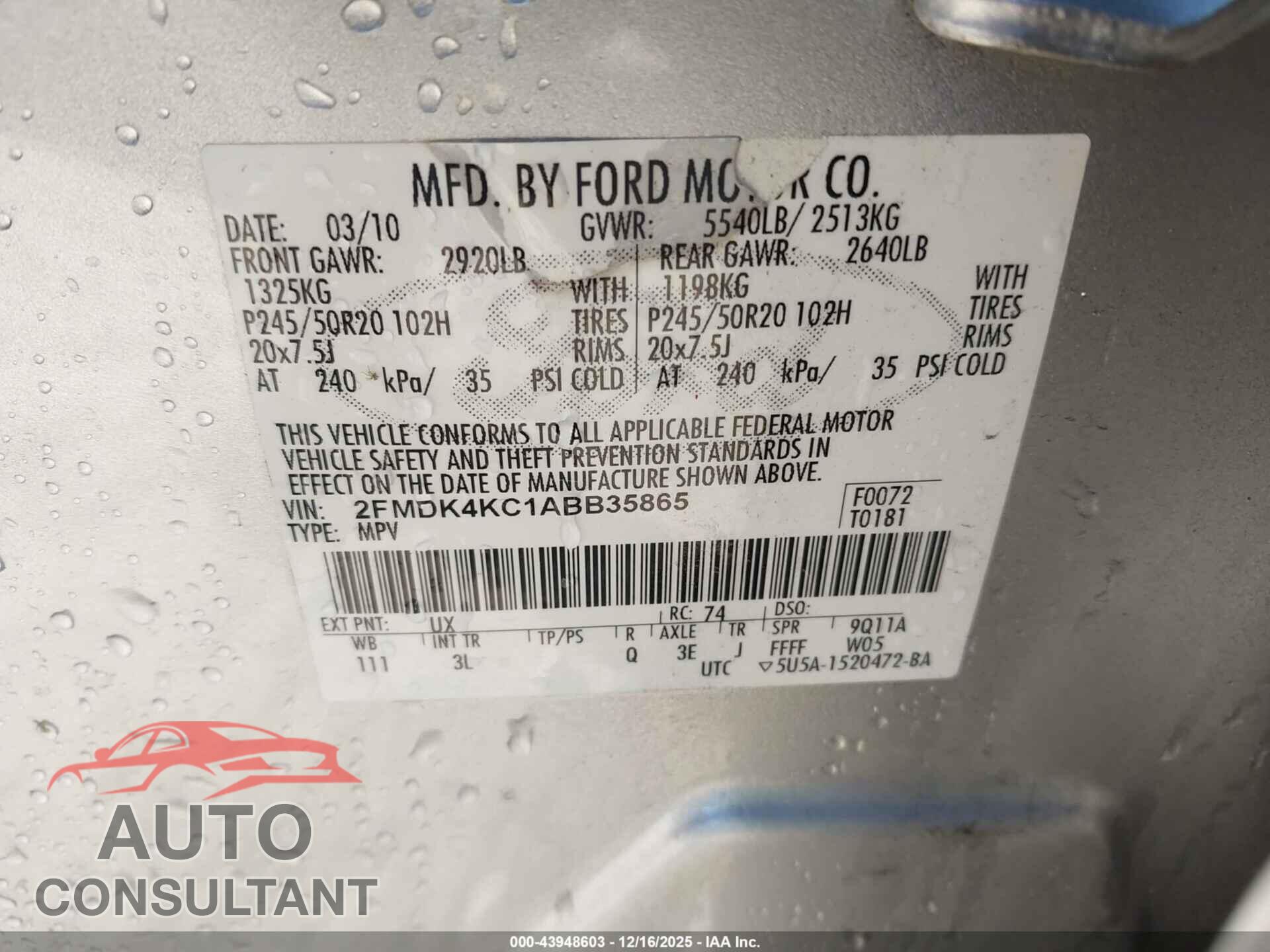 FORD EDGE 2010 - 2FMDK4KC1ABB35865