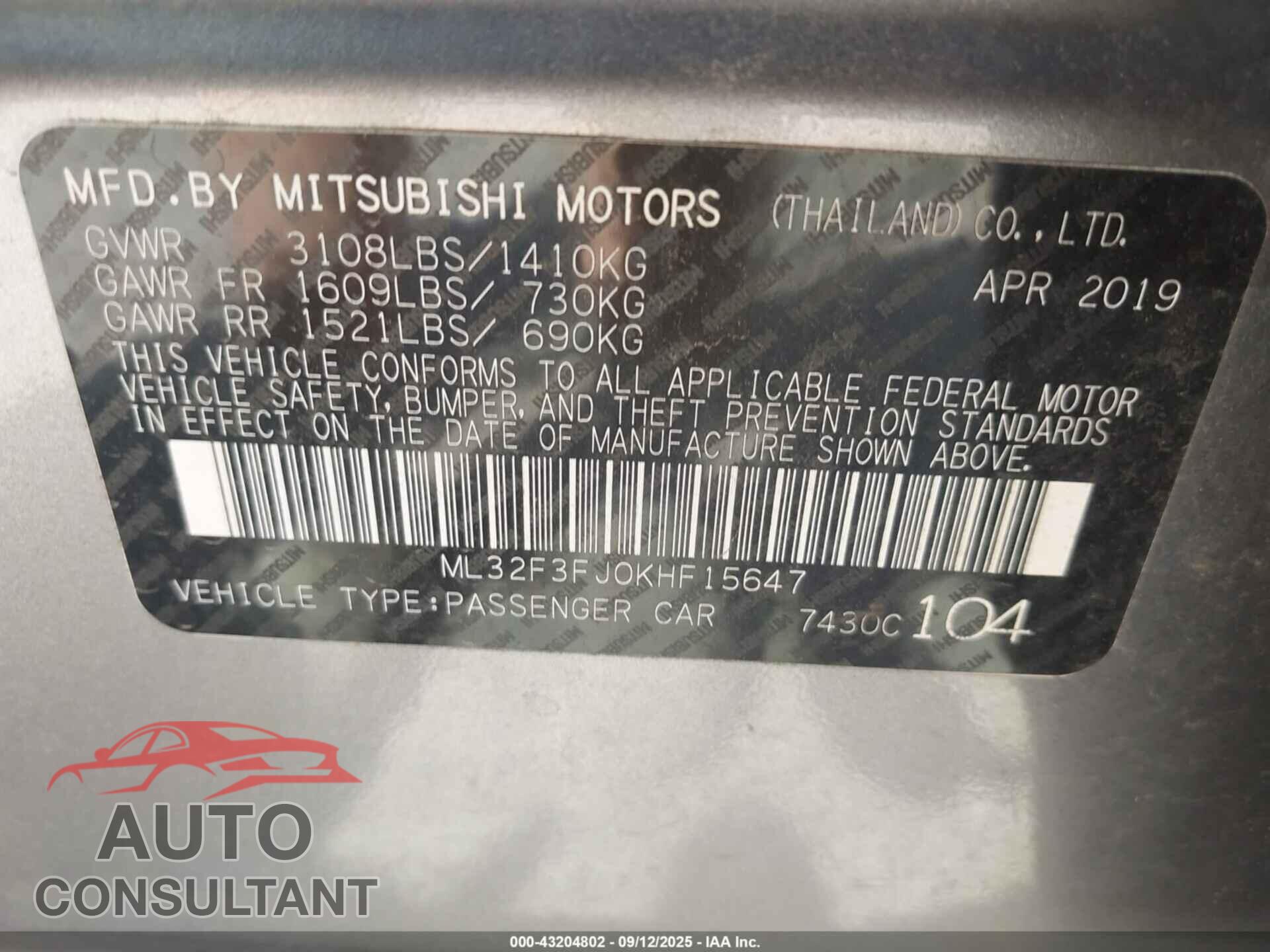 MITSUBISHI MIRAGE G4 2019 - ML32F3FJ0KHF15647