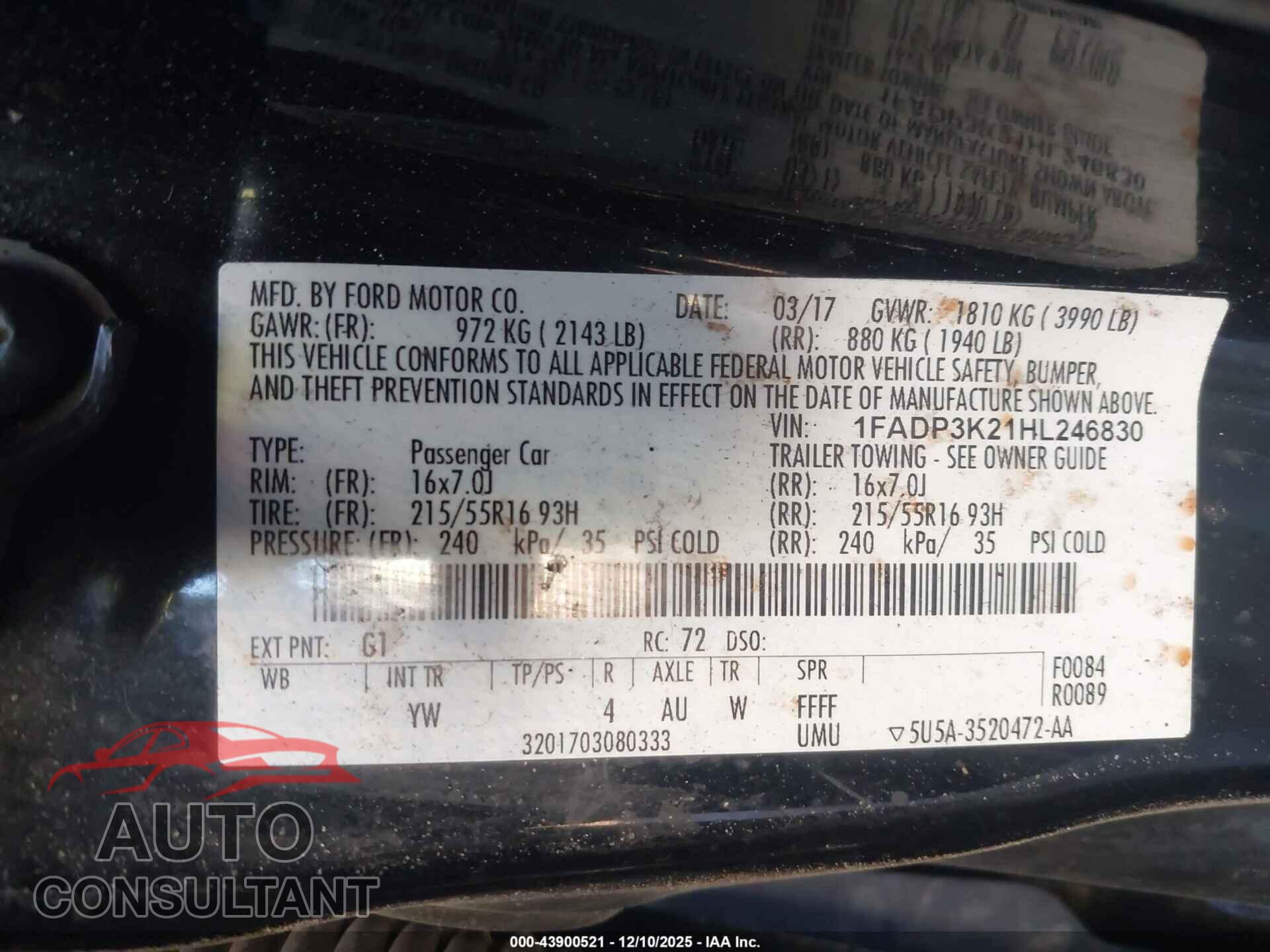 FORD FOCUS 2017 - 1FADP3K21HL246830
