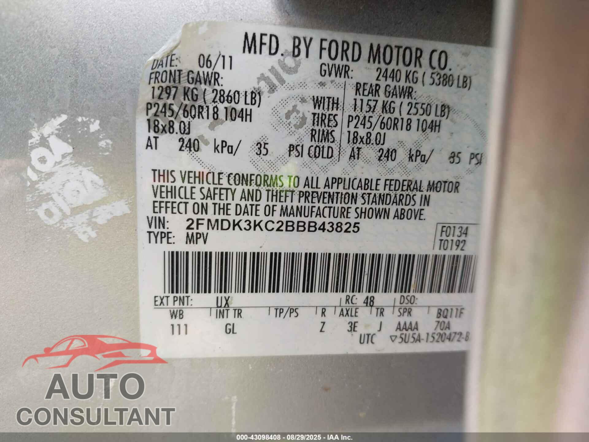 FORD EDGE 2011 - 2FMDK3KC2BBB43825