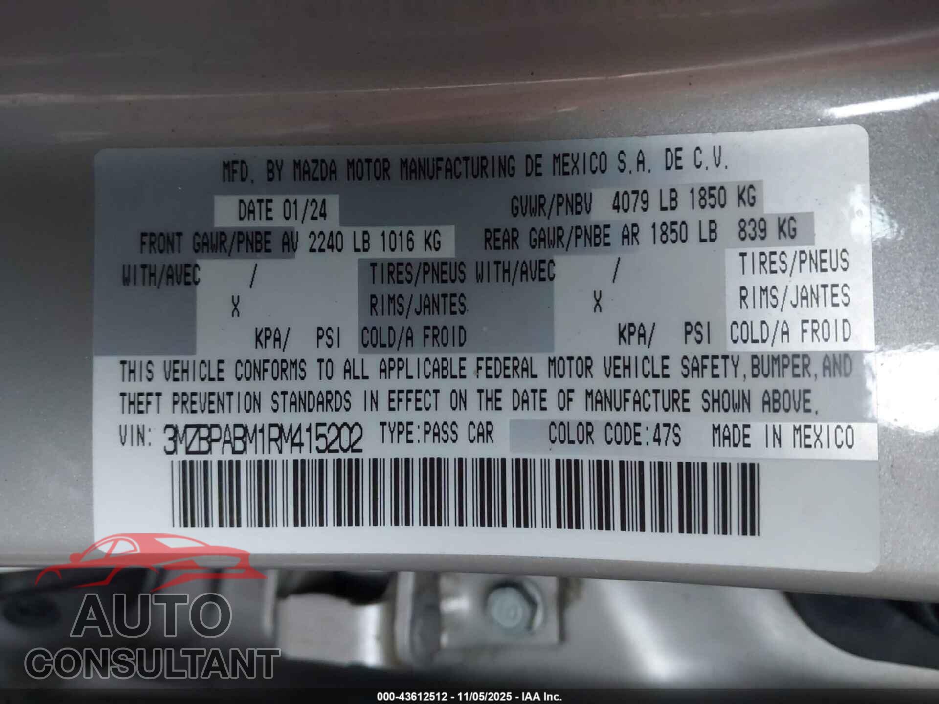MAZDA MAZDA3 2024 - 3MZBPABM1RM415202