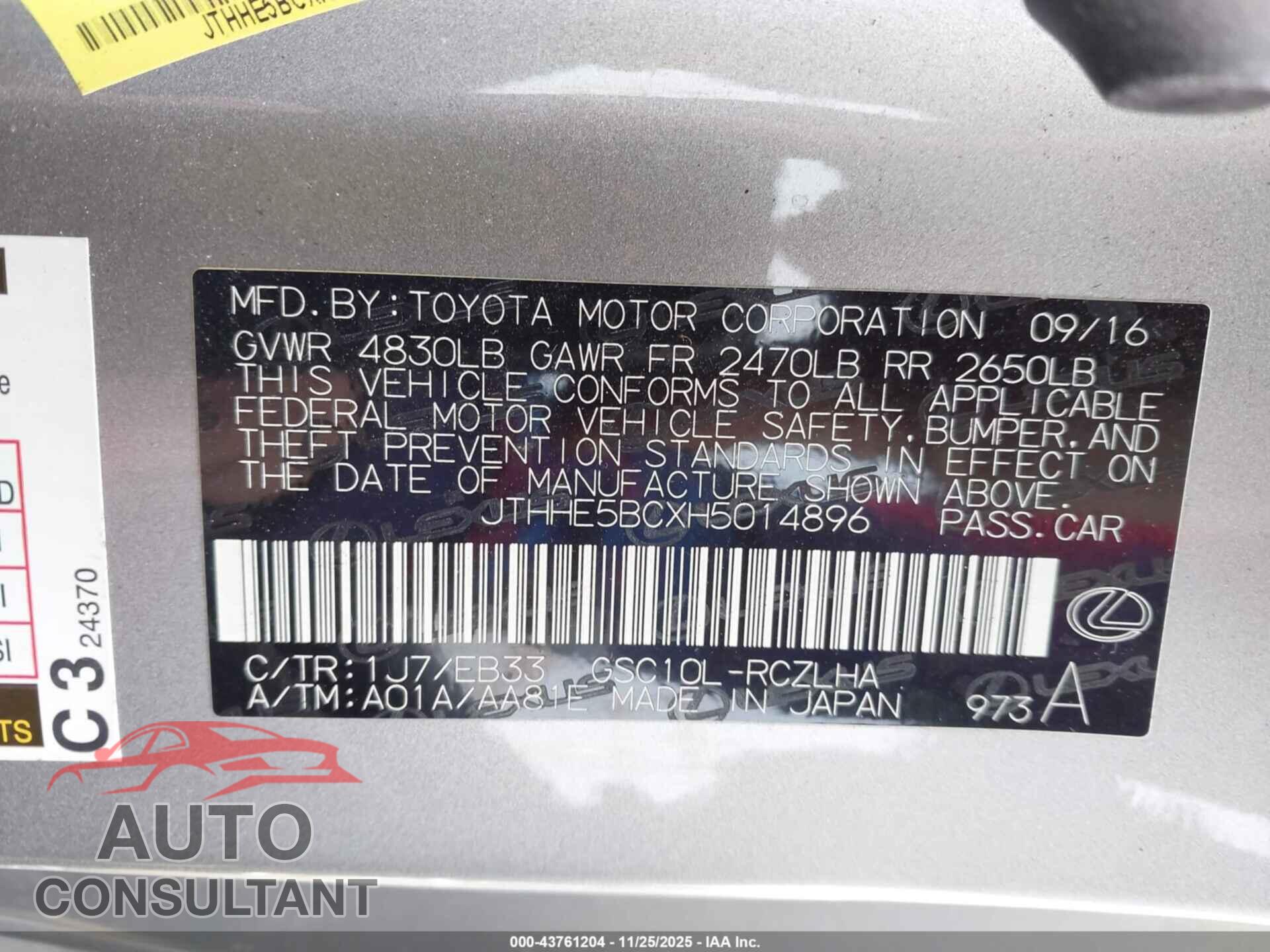LEXUS RC 350 2017 - JTHHE5BCXH5014896