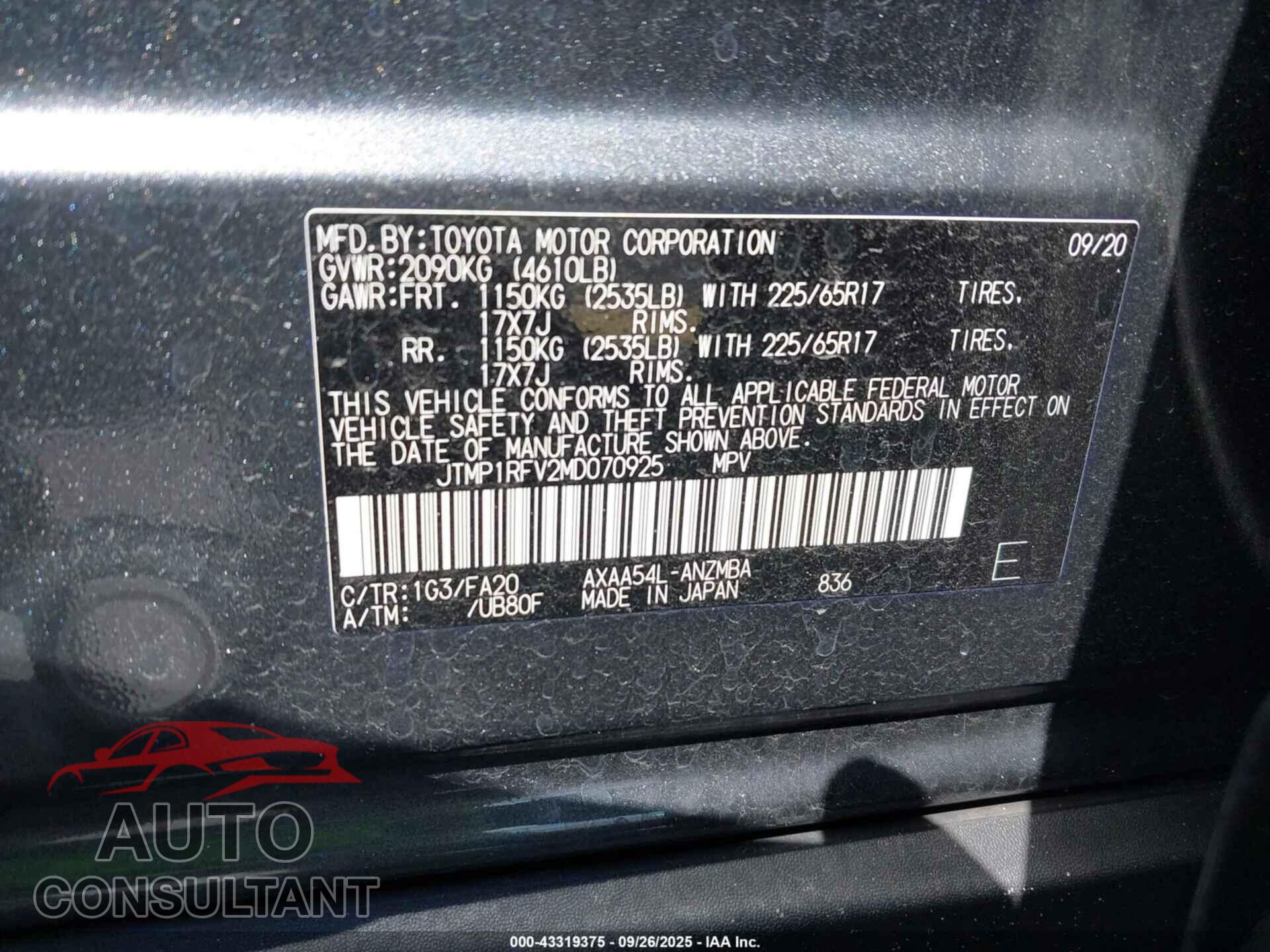 TOYOTA RAV4 2021 - JTMP1RFV2MD070925
