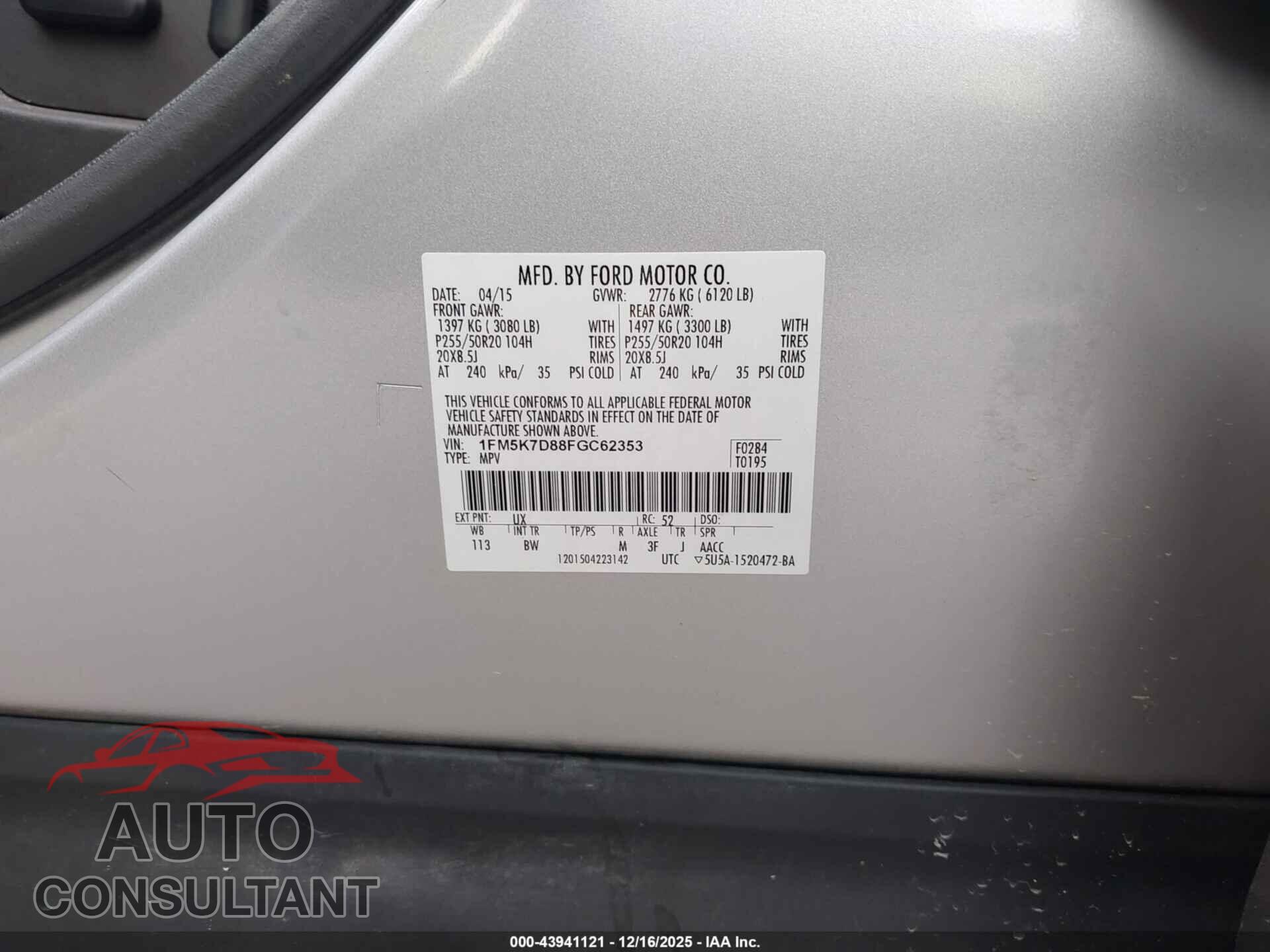 FORD EXPLORER 2015 - 1FM5K7D88FGC62353