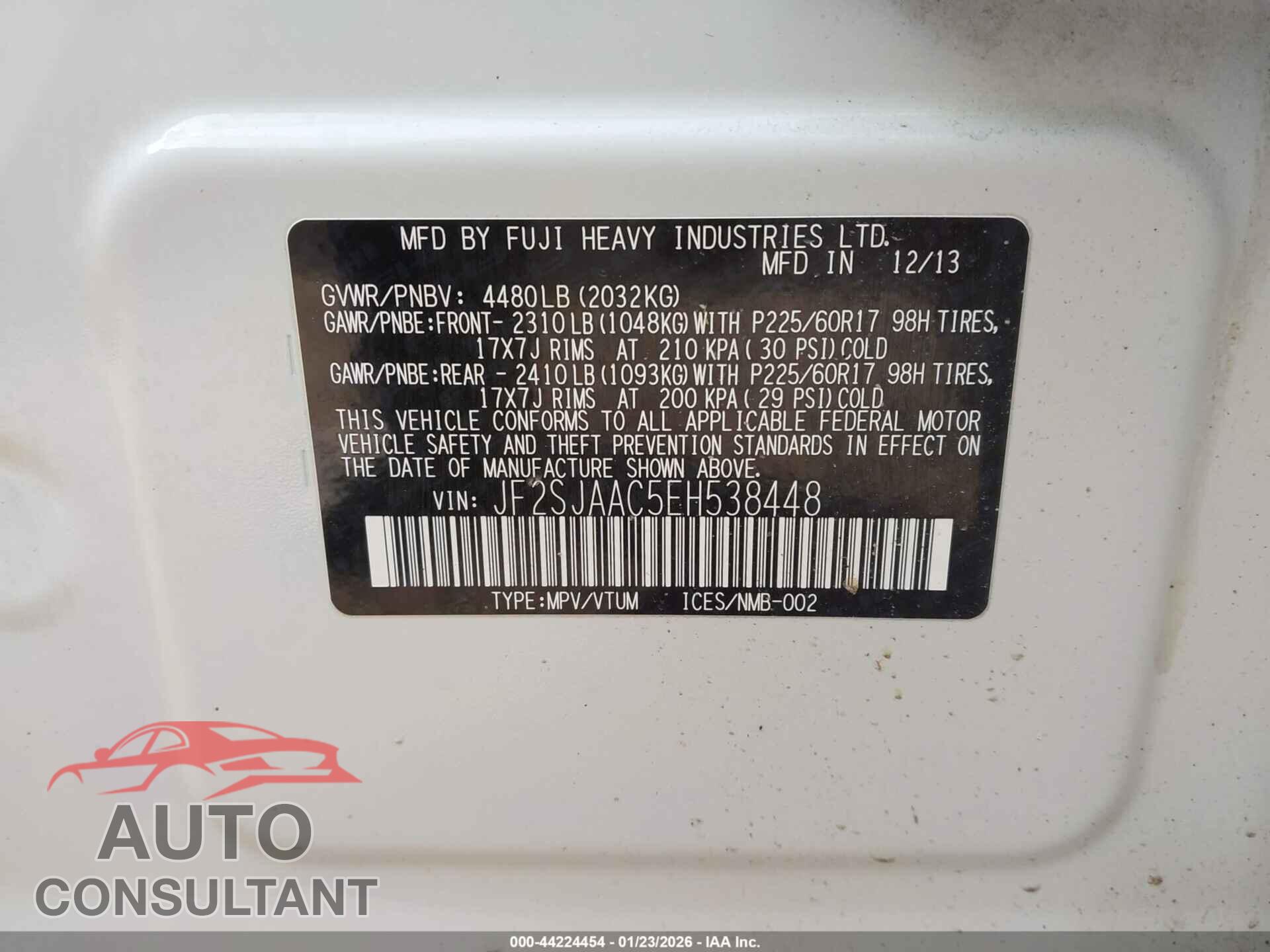 SUBARU FORESTER 2014 - JF2SJAAC5EH538448