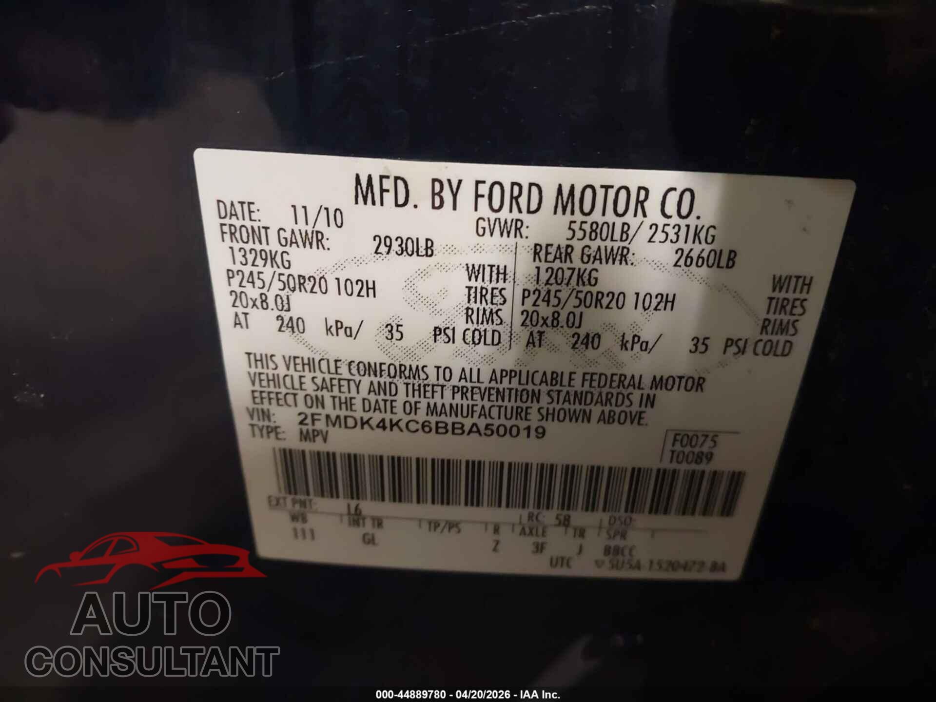 FORD EDGE 2011 - 2FMDK4KC6BBA50019