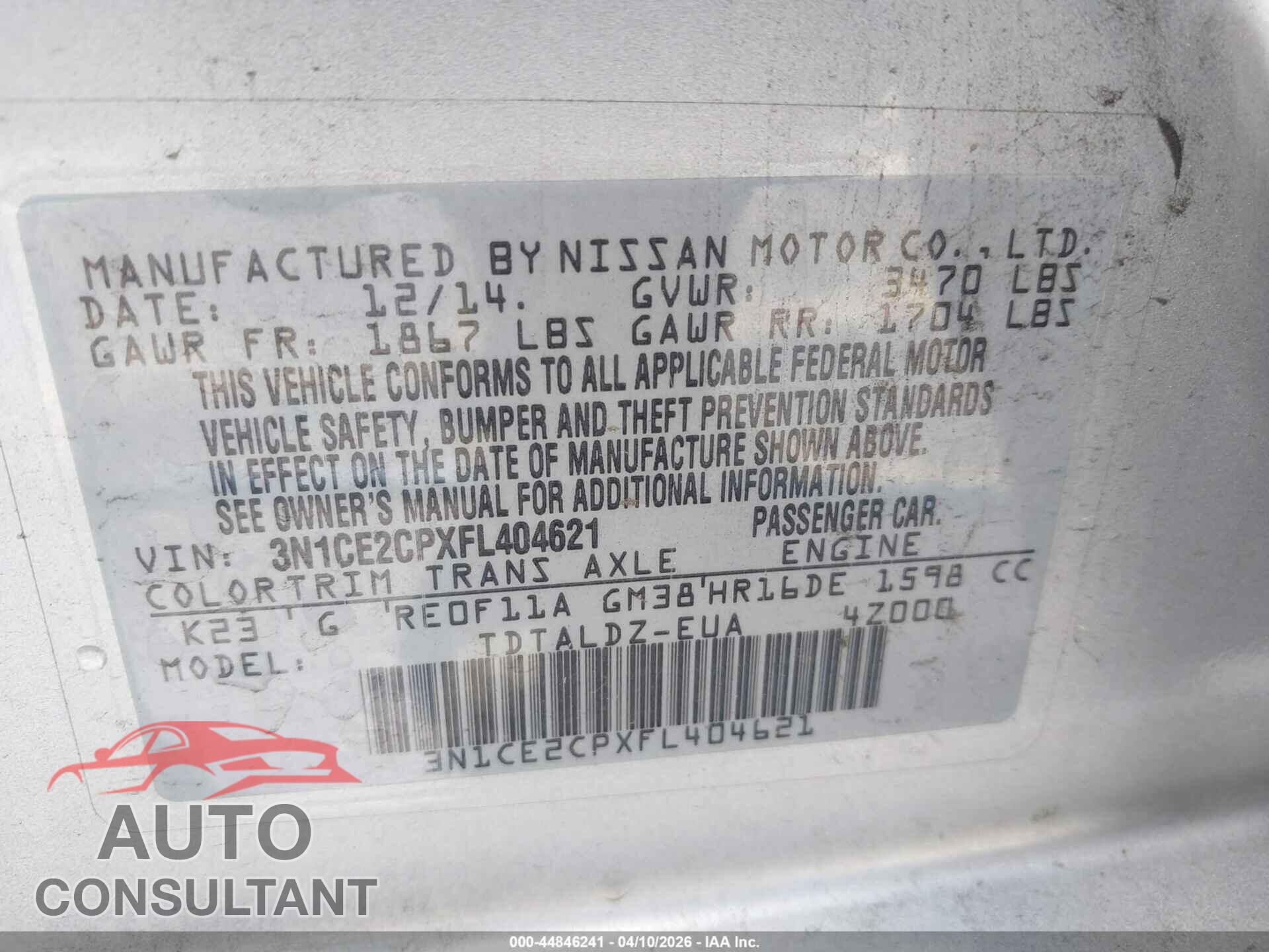 NISSAN VERSA NOTE 2015 - 3N1CE2CPXFL404621