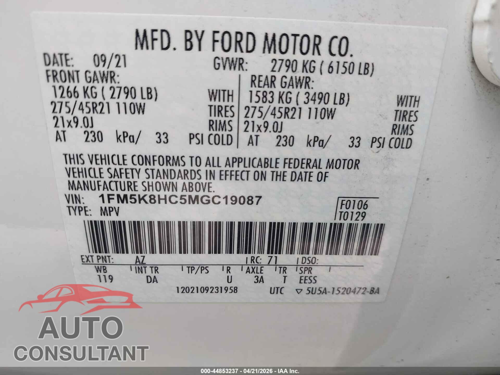 FORD EXPLORER 2021 - 1FM5K8HC5MGC19087