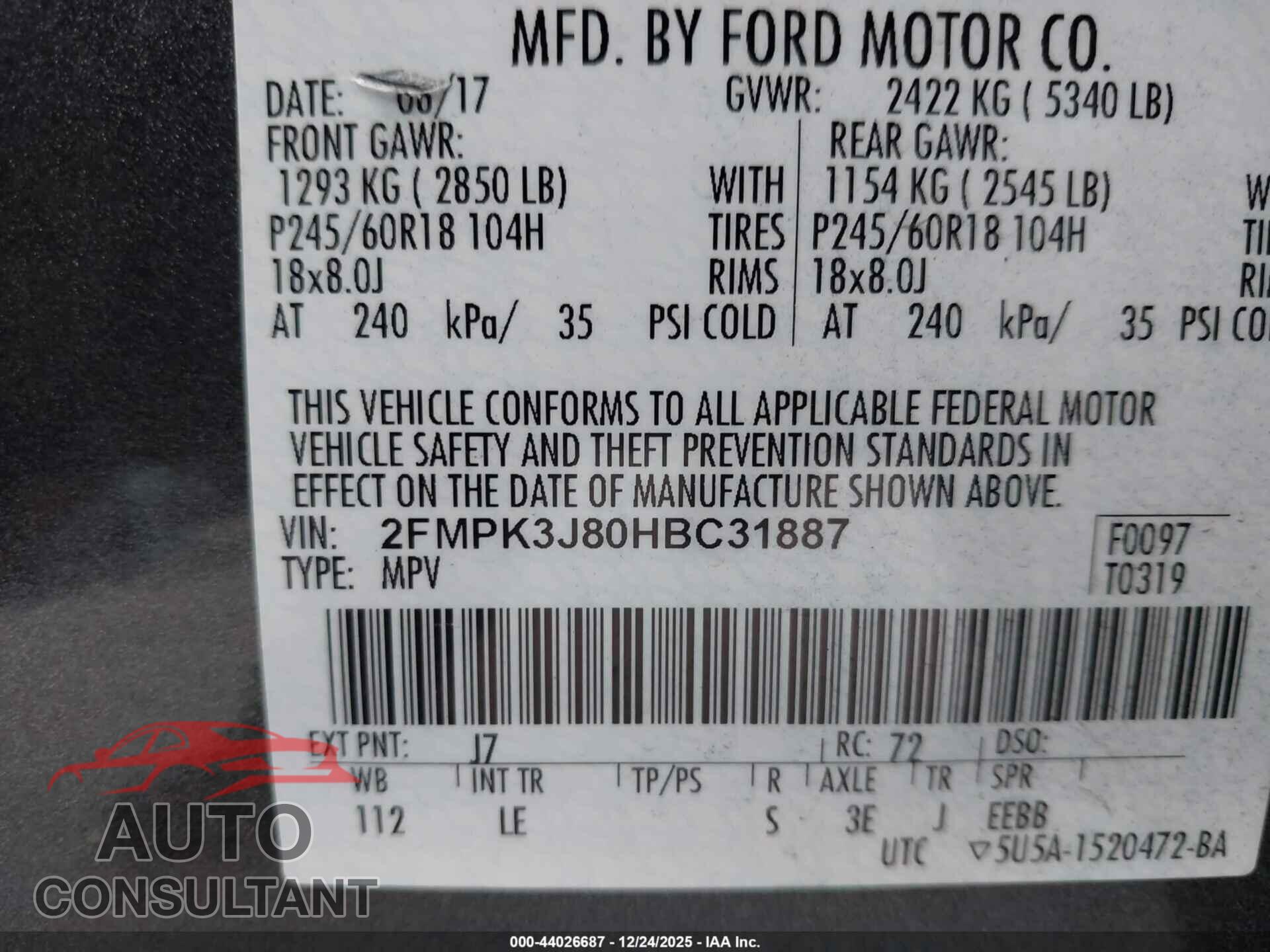 FORD EDGE 2017 - 2FMPK3J80HBC31887