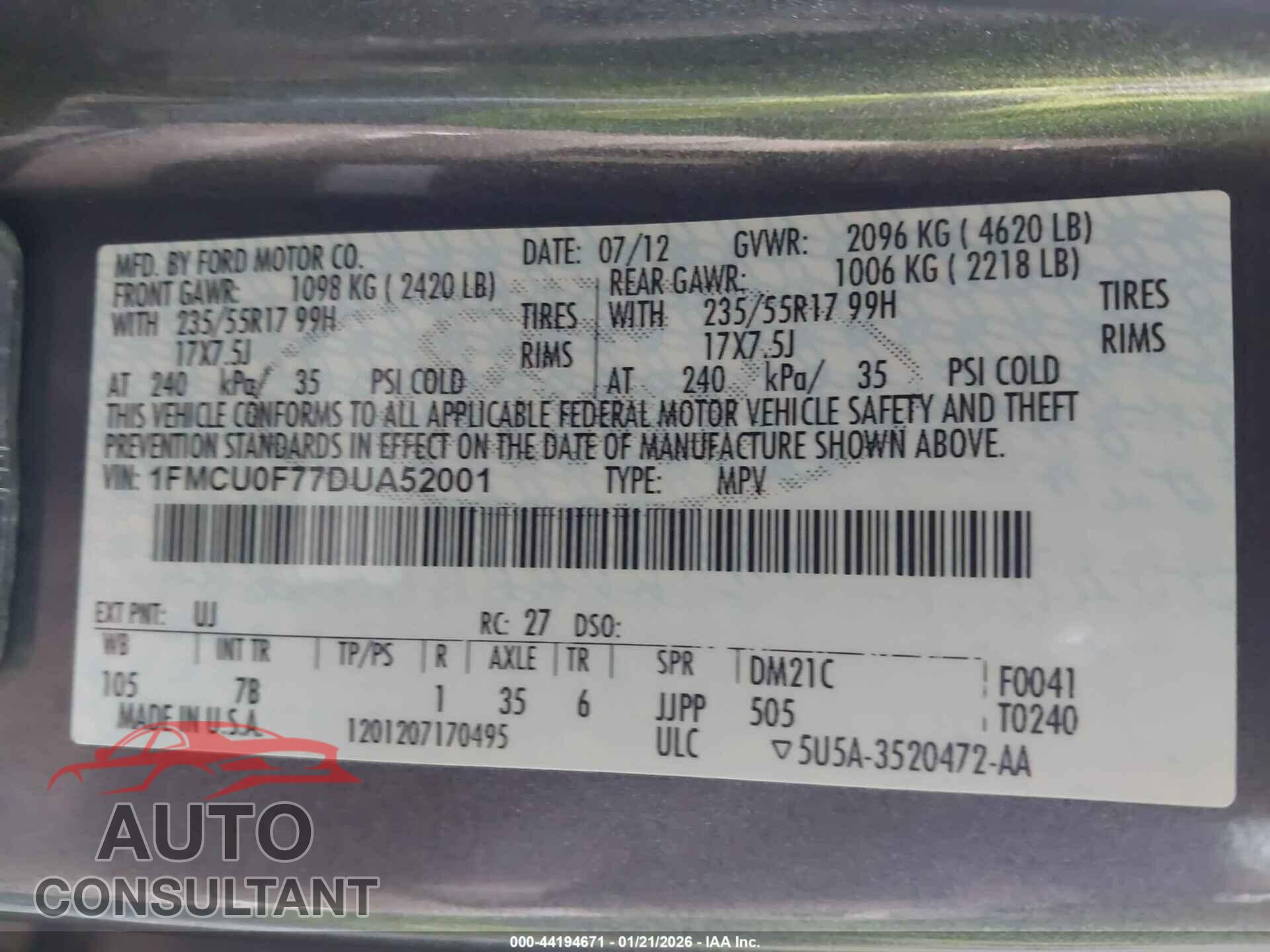 FORD ESCAPE 2013 - 1FMCU0F77DUA52001