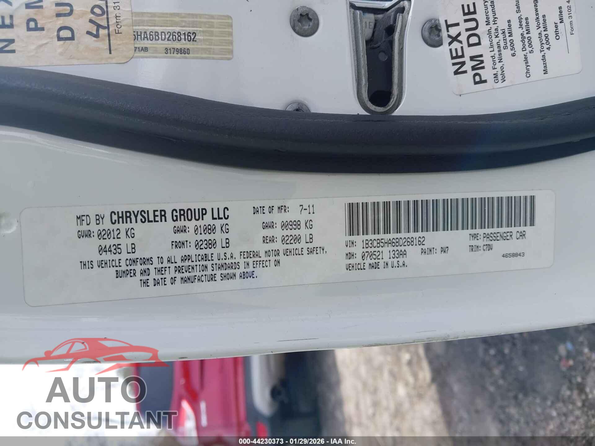DODGE CALIBER 2011 - 1B3CB5HA6BD268162