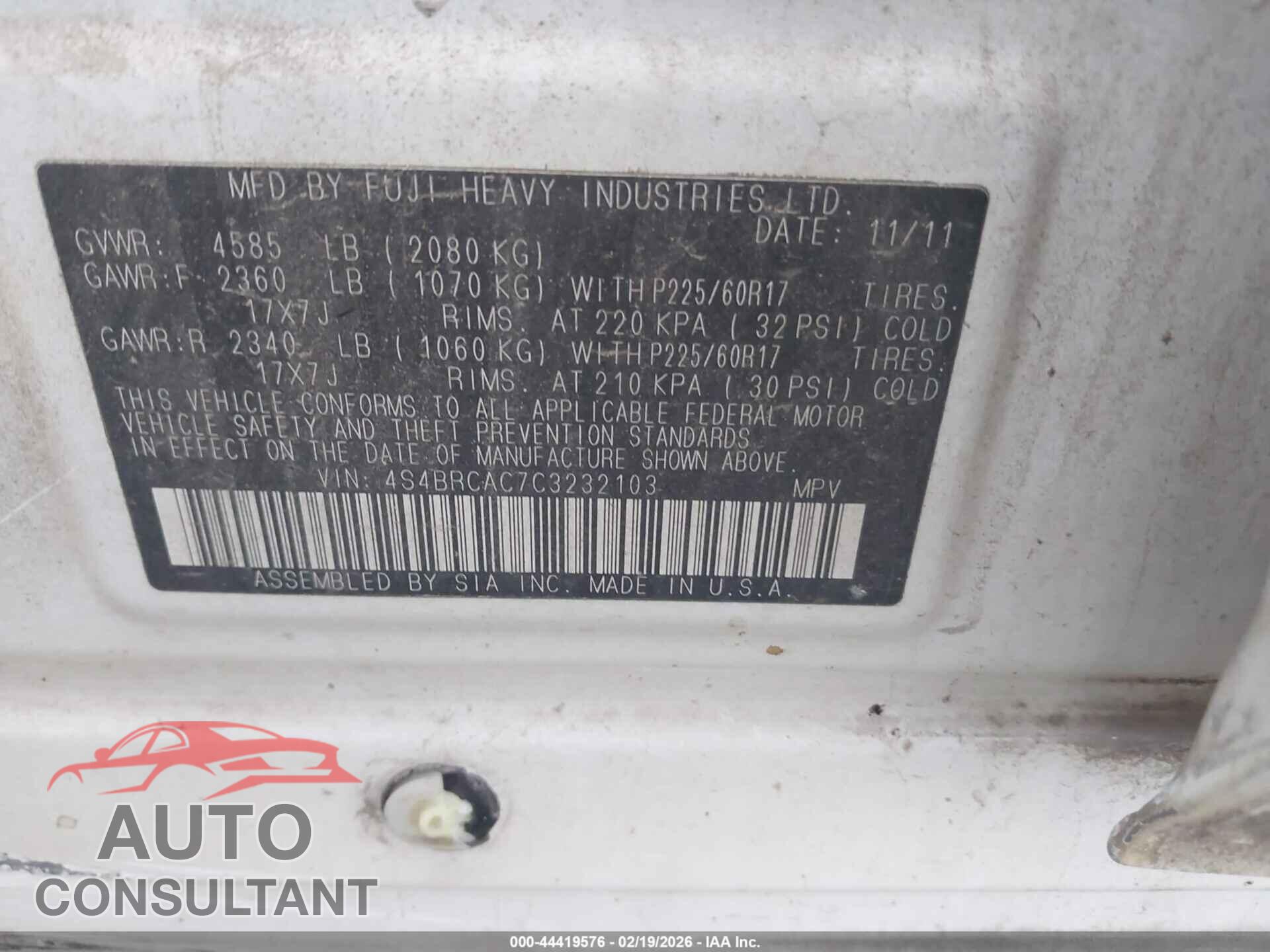 SUBARU OUTBACK 2012 - 4S4BRCAC7C3232103