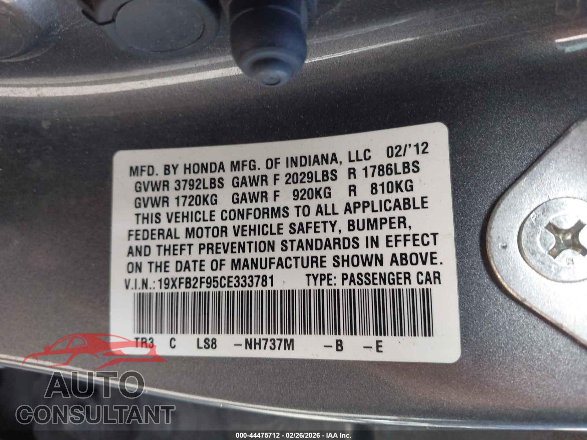 HONDA CIVIC 2012 - 19XFB2F95CE333781