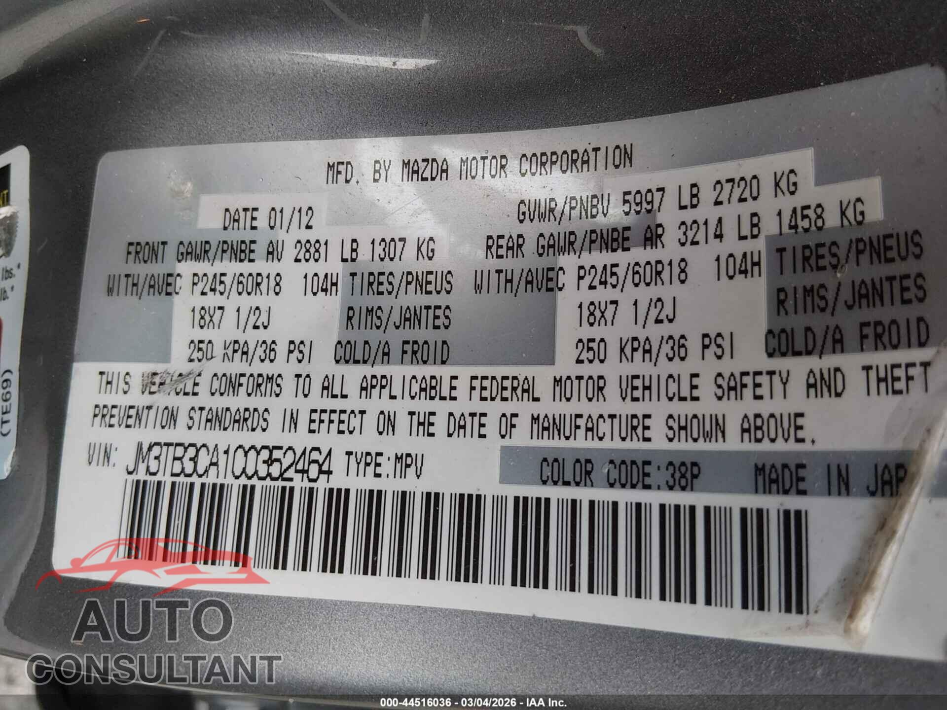 MAZDA CX-9 2012 - JM3TB3CA1C0352464