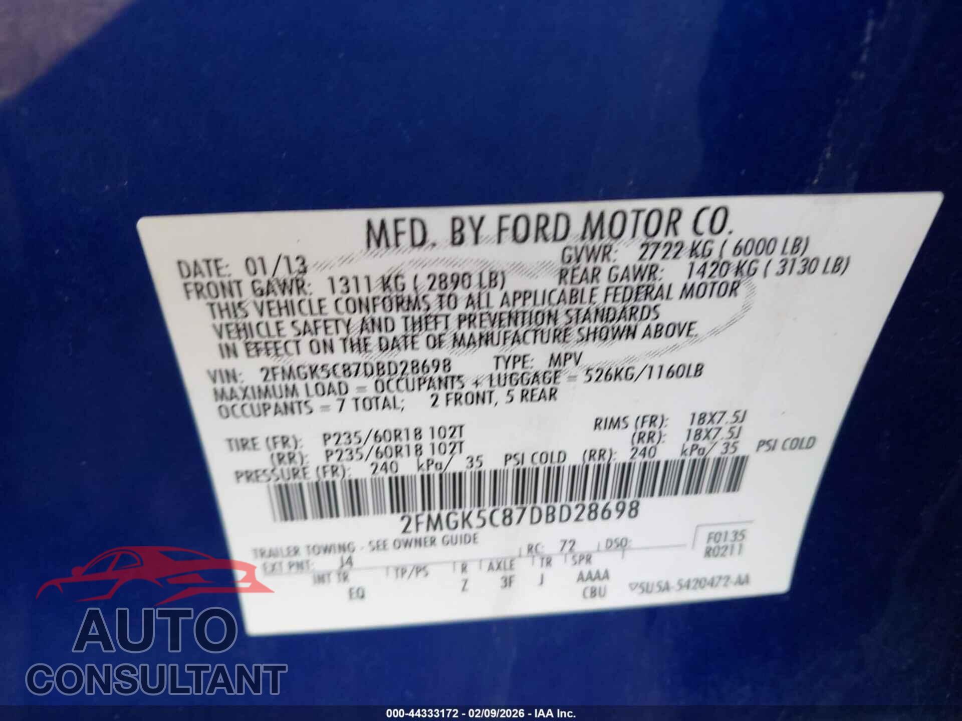 FORD FLEX 2013 - 2FMGK5C87DBD28698