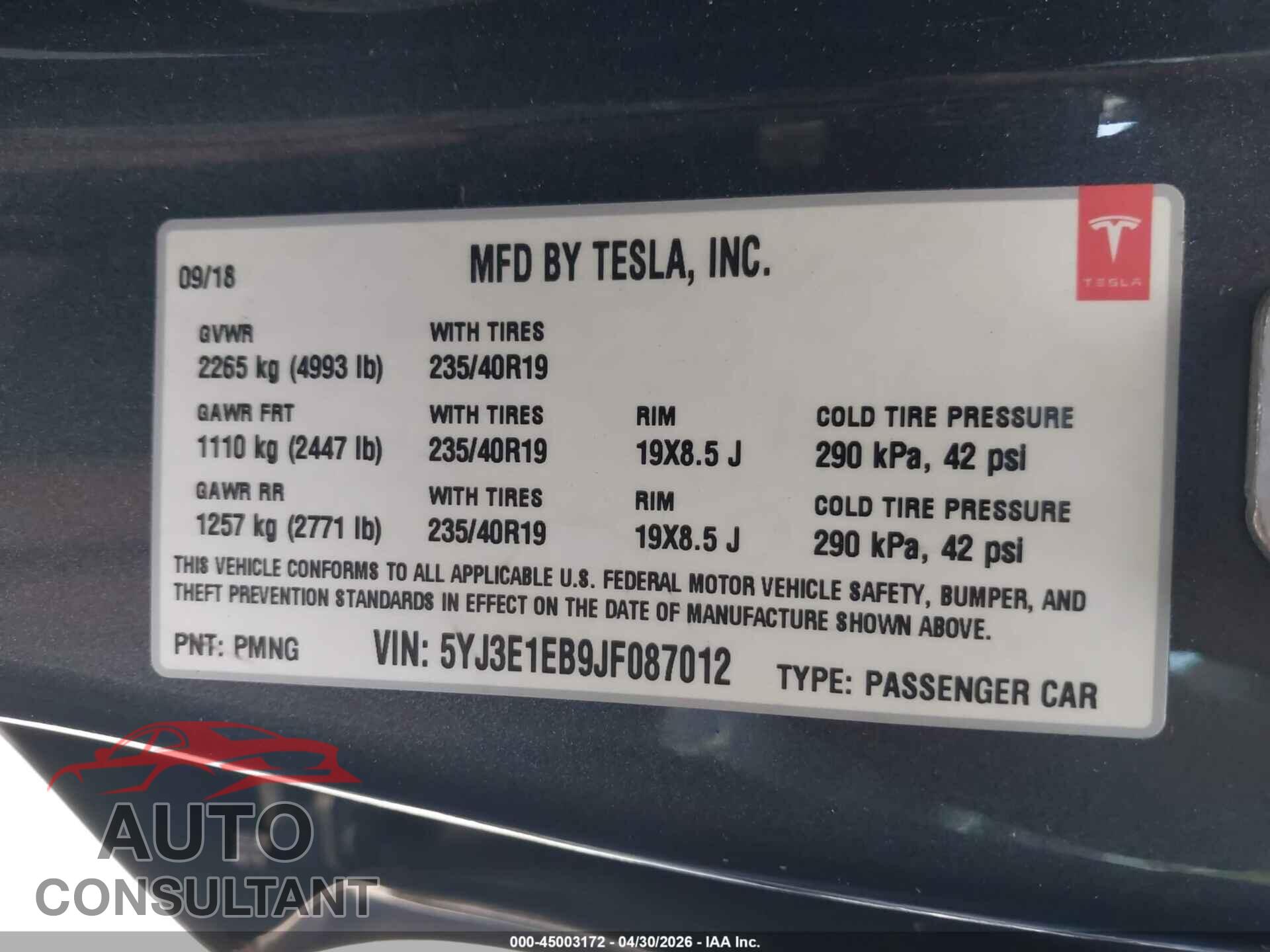 TESLA MODEL 3 2018 - 5YJ3E1EB9JF087012