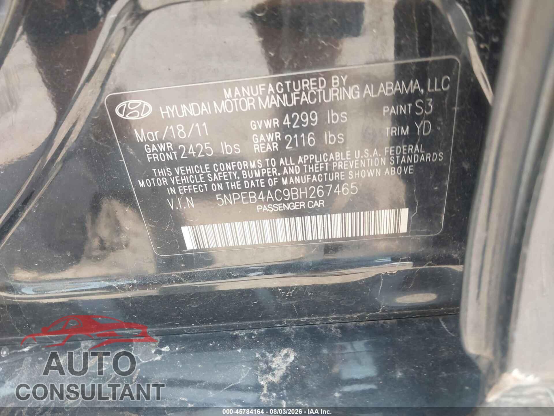 HYUNDAI SONATA 2011 - 5NPEB4AC9BH267465