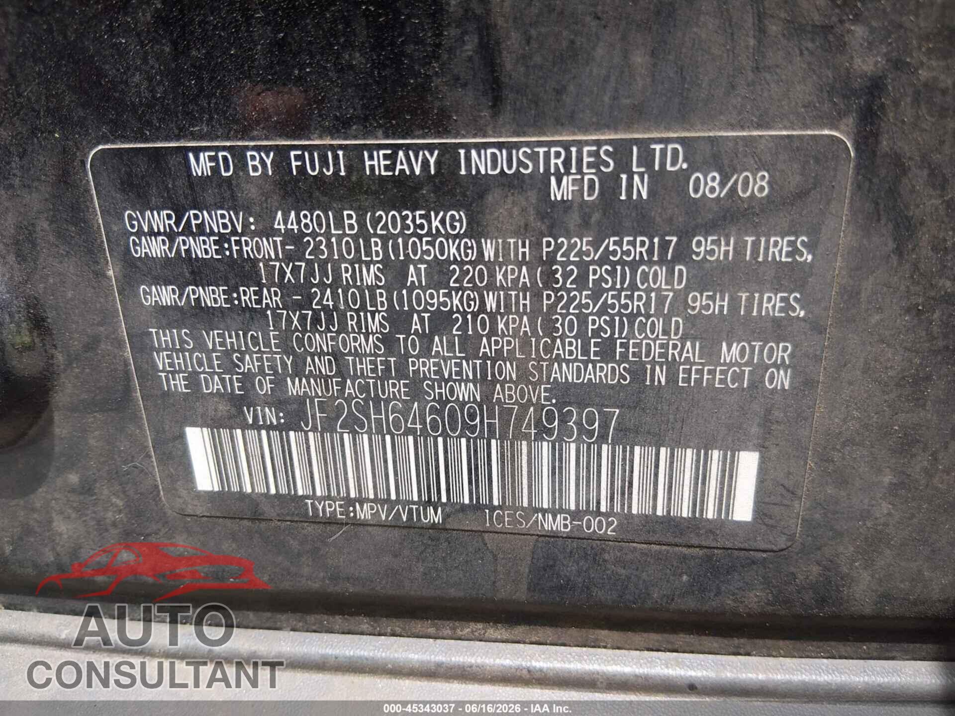 SUBARU FORESTER 2009 - JF2SH64609H749397
