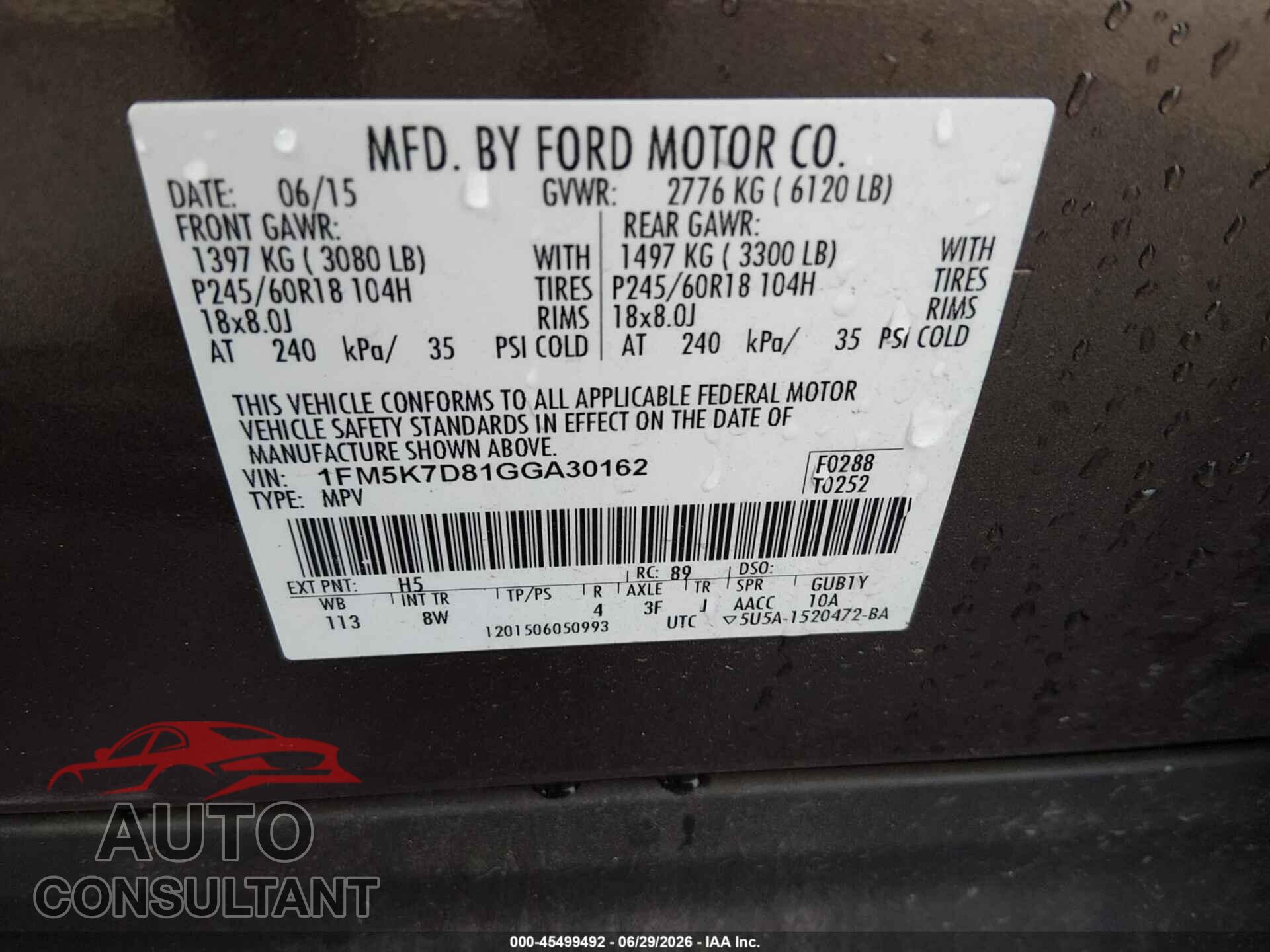 FORD EXPLORER 2016 - 1FM5K7D81GGA30162