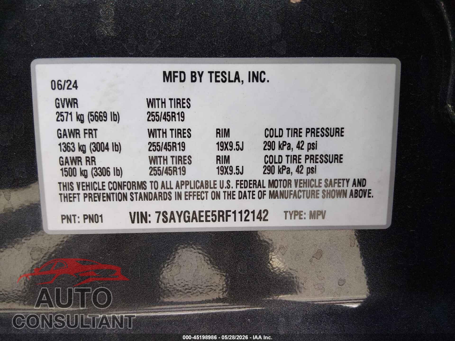TESLA MODEL Y 2024 - 7SAYGAEE5RF112142