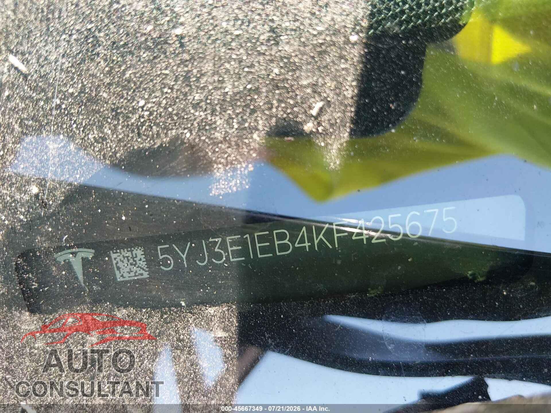 TESLA MODEL 3 2019 - 5YJ3E1EB4KF425675