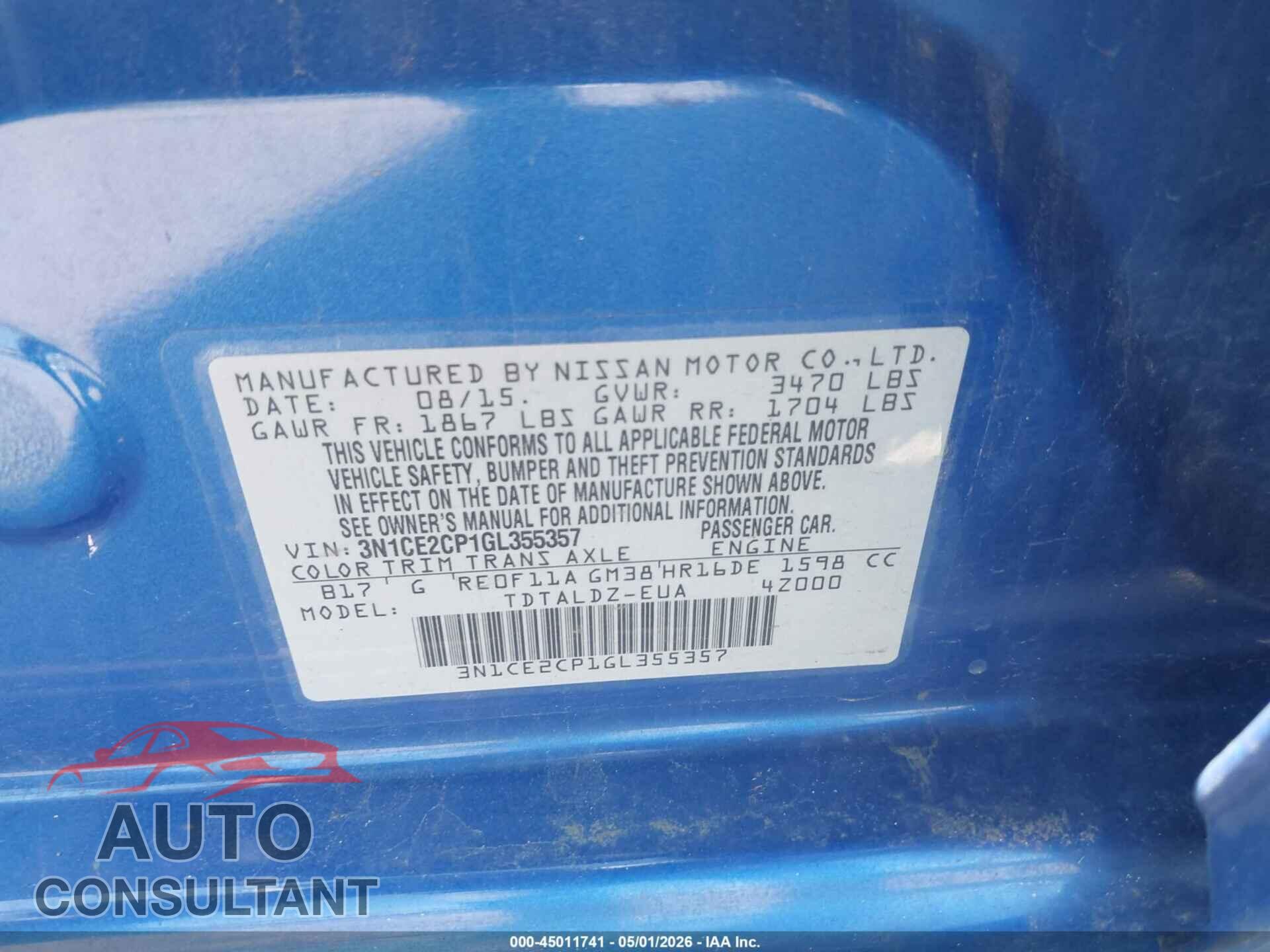 NISSAN VERSA NOTE 2016 - 3N1CE2CP1GL355357