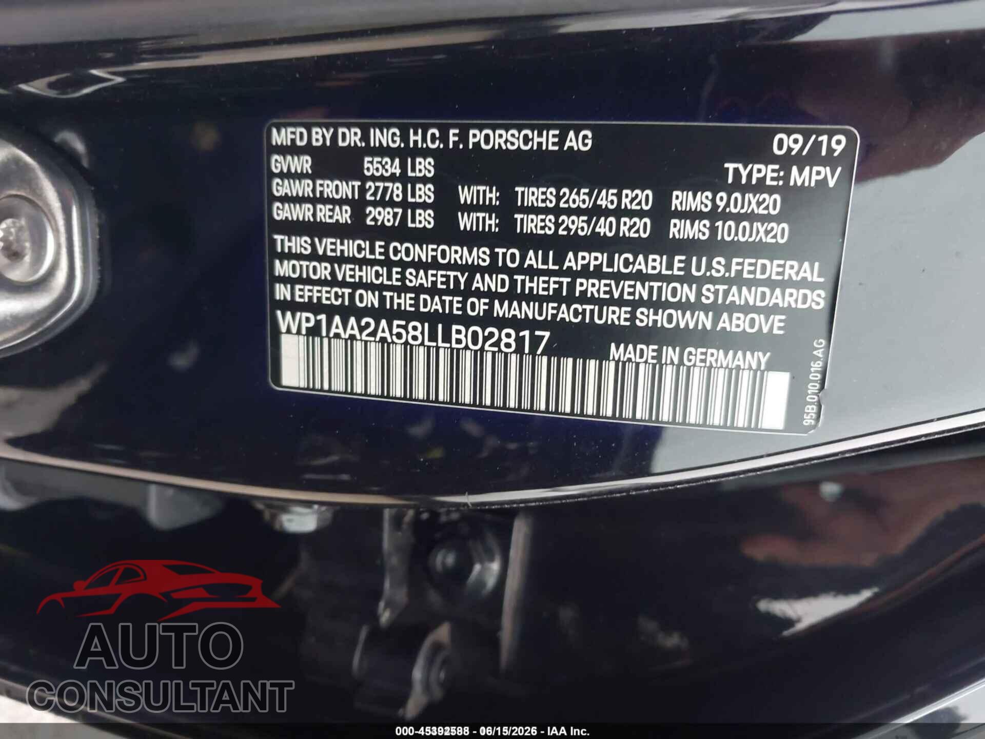 PORSCHE MACAN 2020 - WP1AA2A58LLB02817