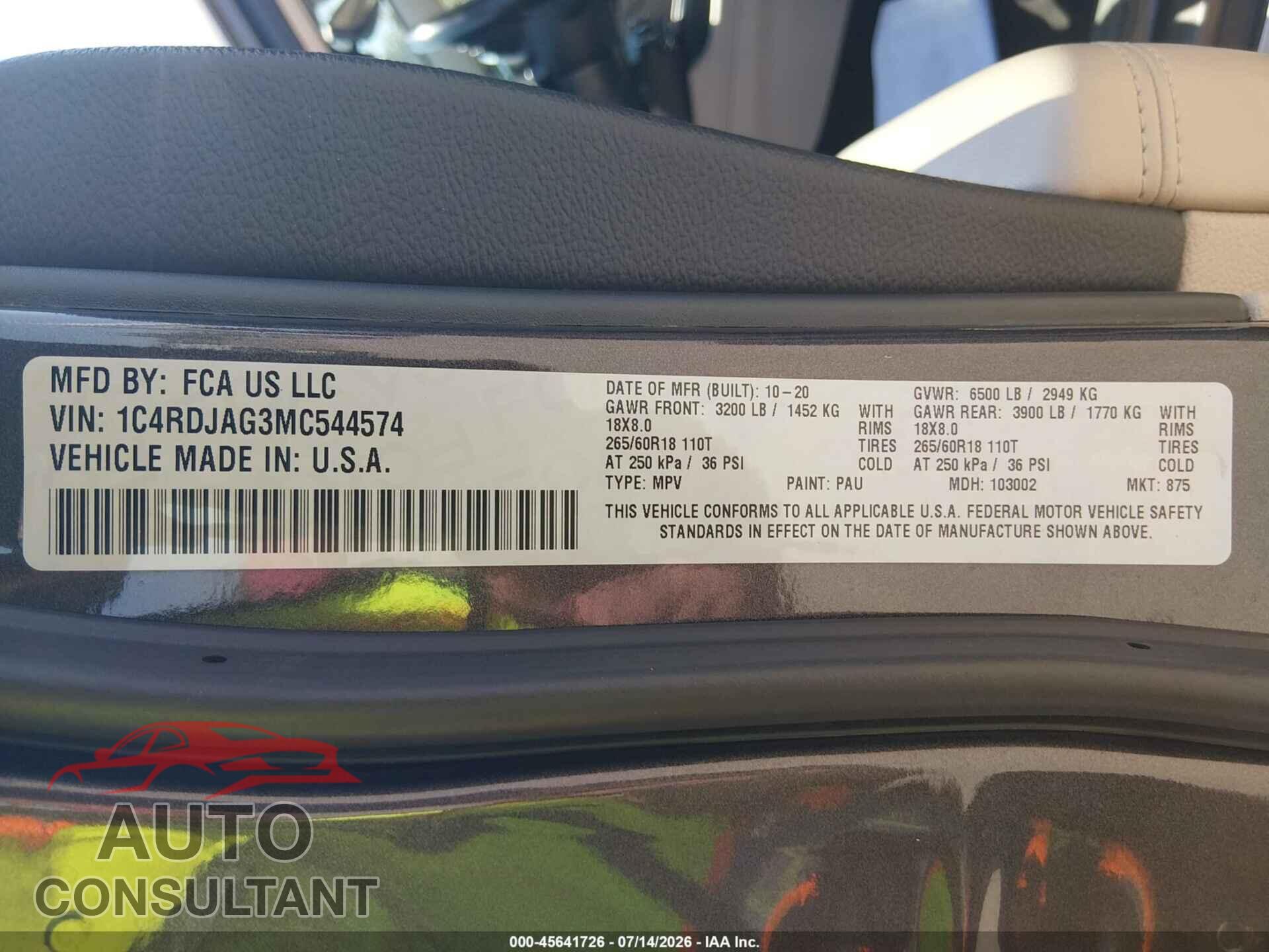DODGE DURANGO 2021 - 1C4RDJAG3MC544574