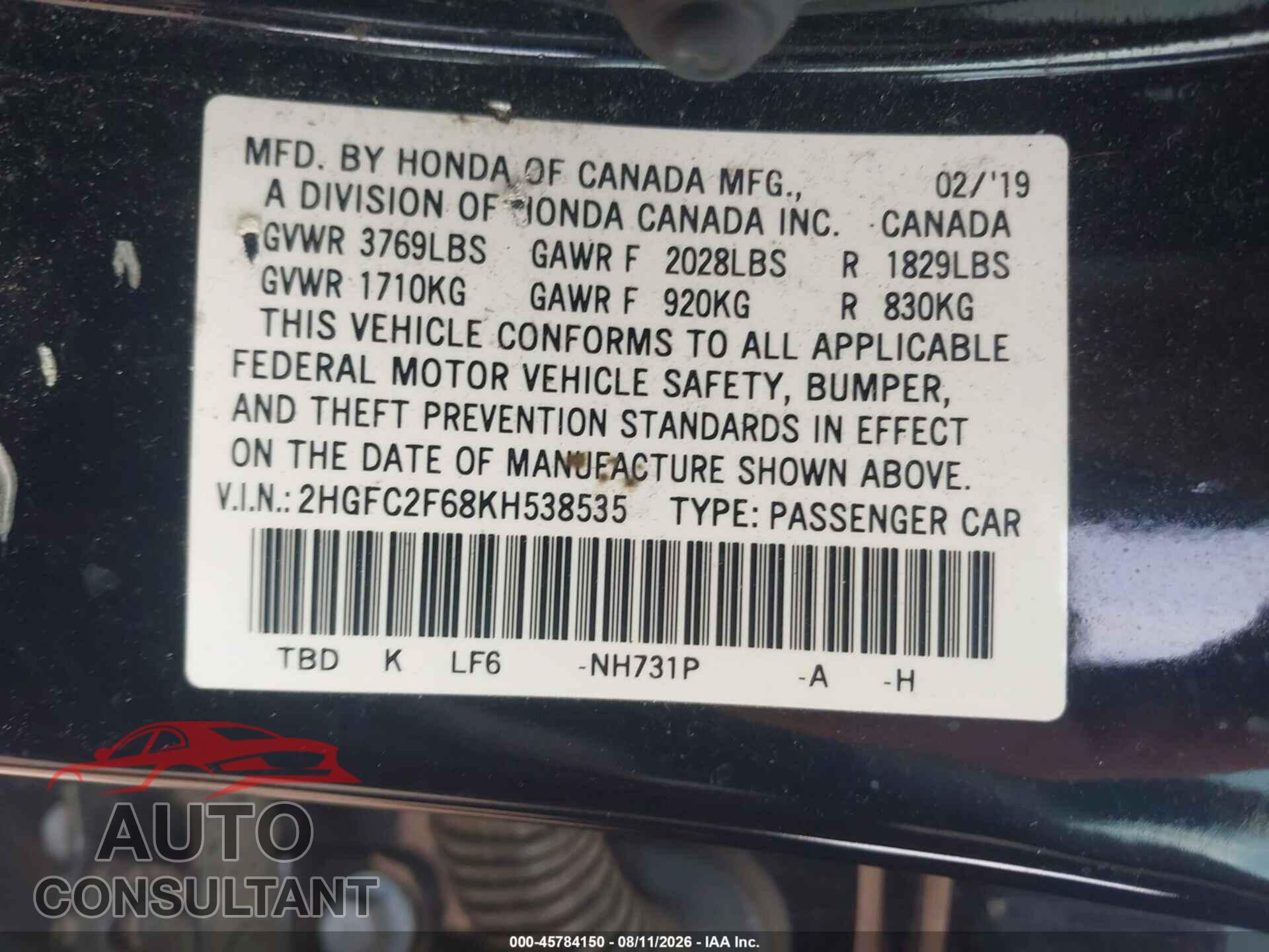 HONDA CIVIC 2019 - 2HGFC2F68KH538535