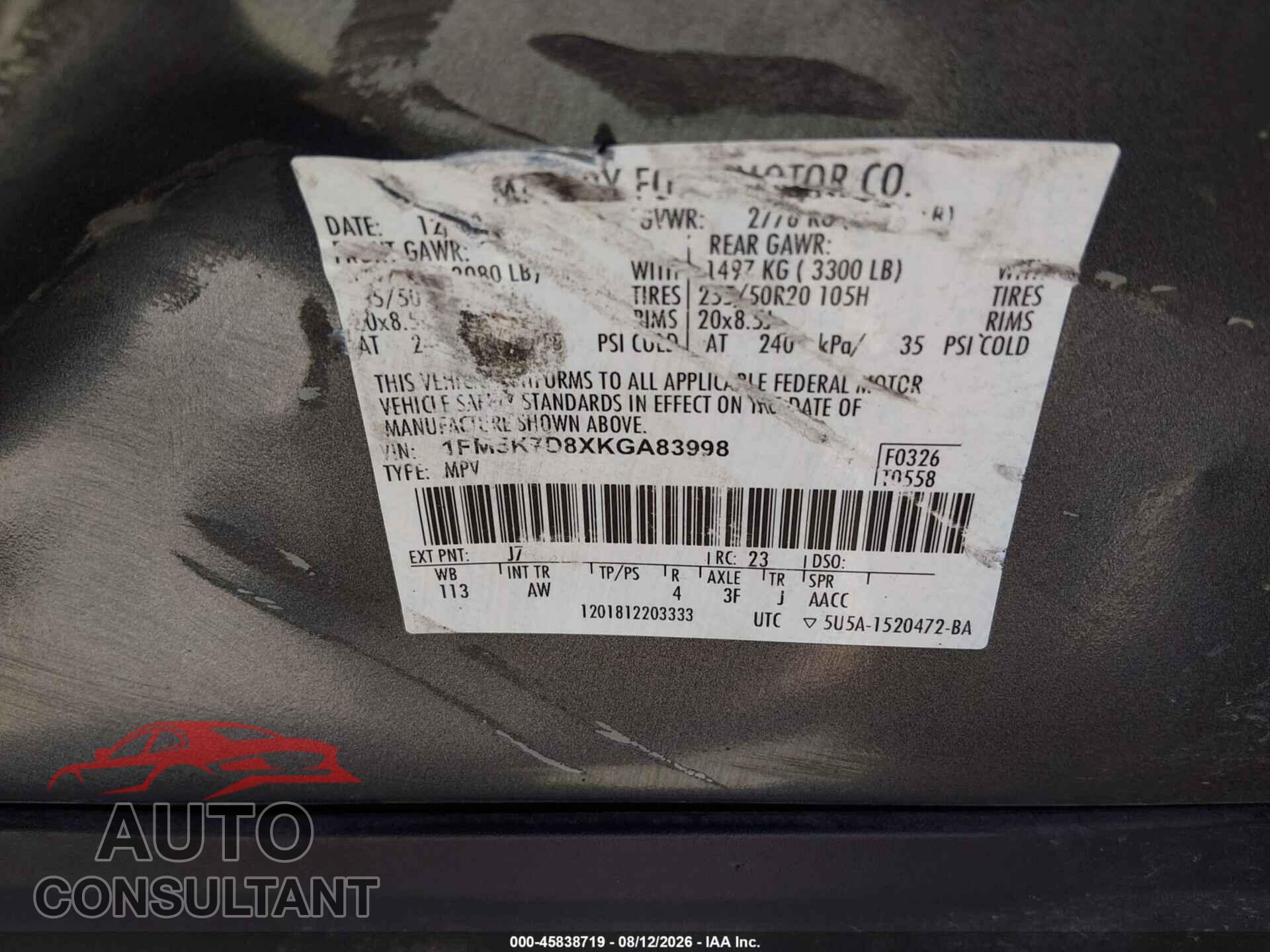 FORD EXPLORER 2019 - 1FM5K7D8XKGA83998