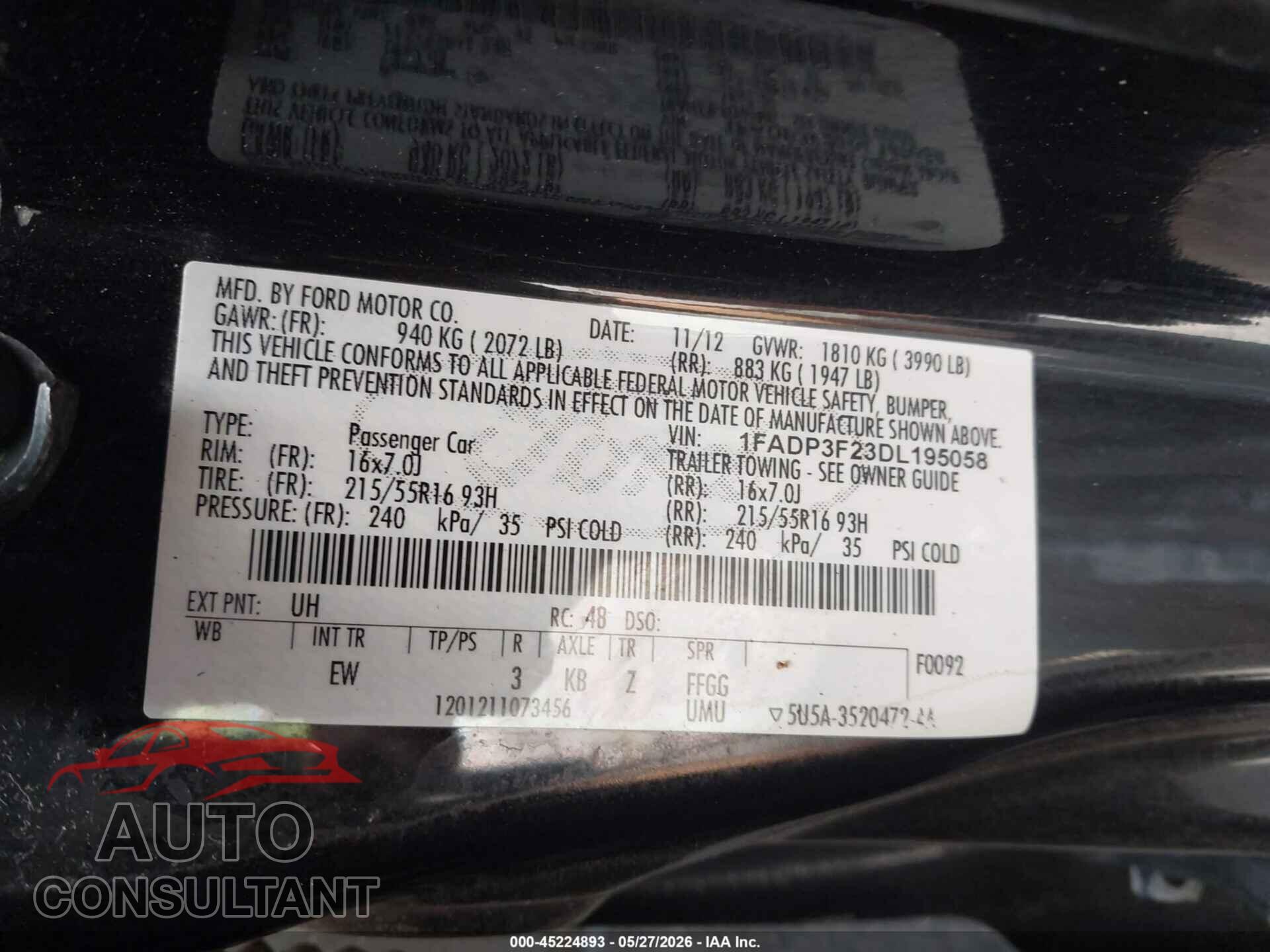 FORD FOCUS 2013 - 1FADP3F23DL195058
