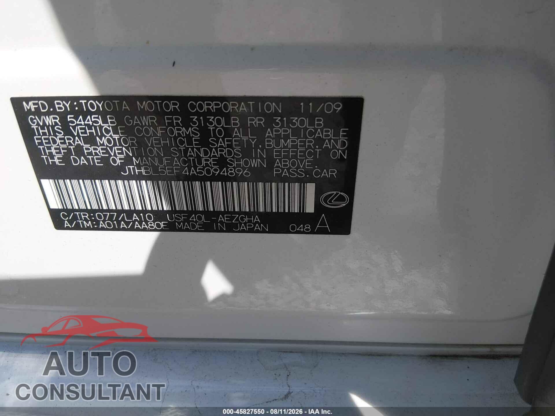 LEXUS LS 460 2010 - JTHBL5EF4A5094896