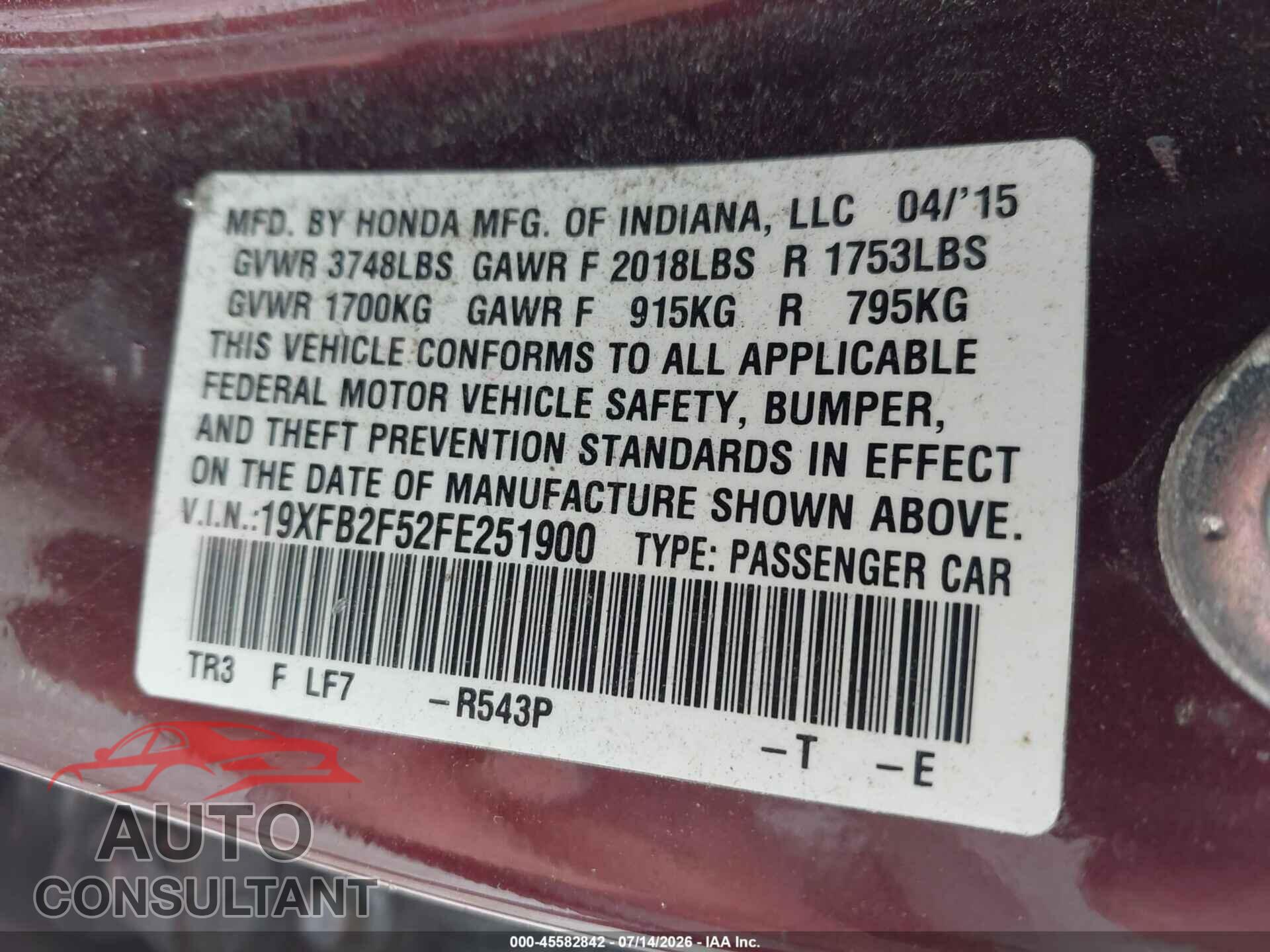 HONDA CIVIC 2015 - 19XFB2F52FE251900