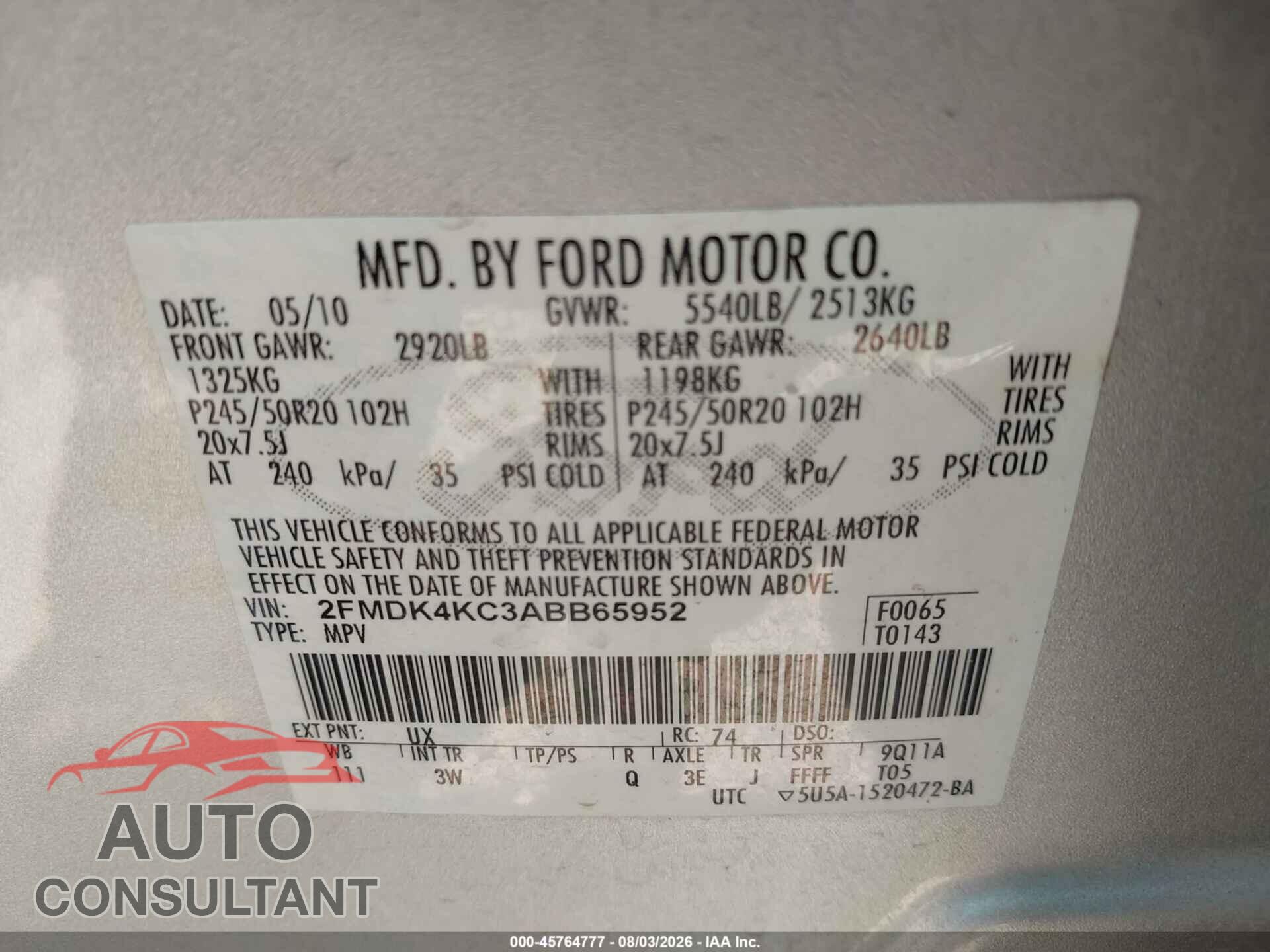 FORD EDGE 2010 - 2FMDK4KC3ABB65952