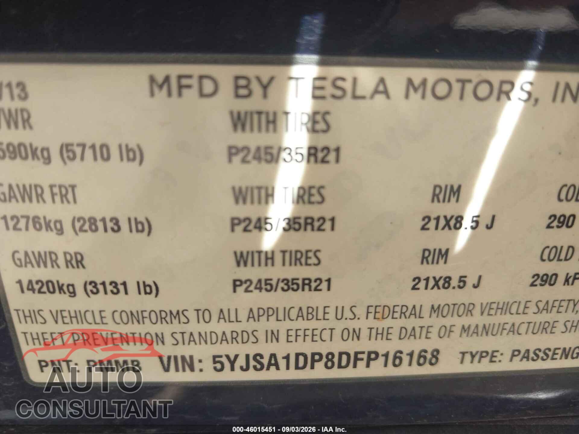 TESLA MODEL S 2013 - 5YJSA1DP8DFP16168