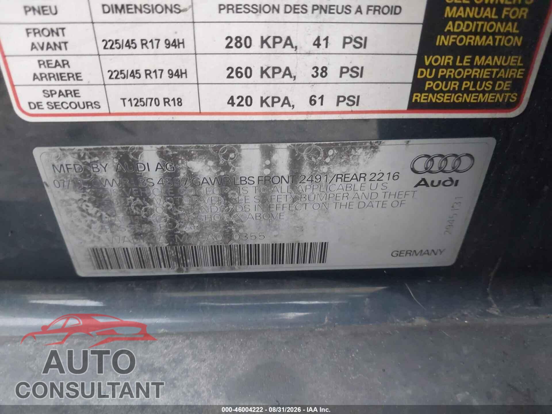 AUDI A3 2012 - WAUKJAFM7CA030355