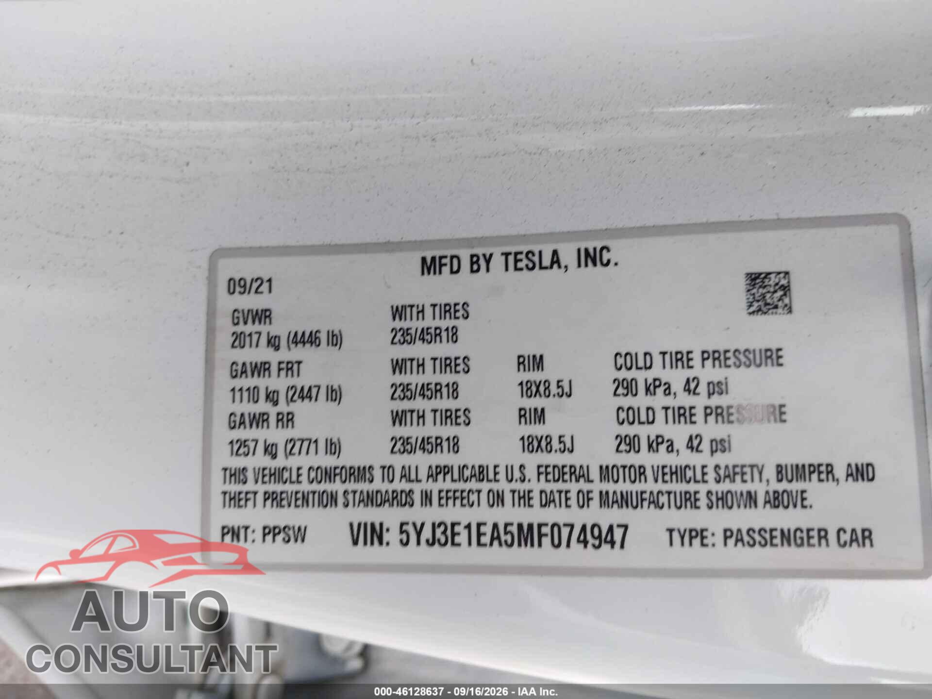 TESLA MODEL 3 2021 - 5YJ3E1EA5MF074947