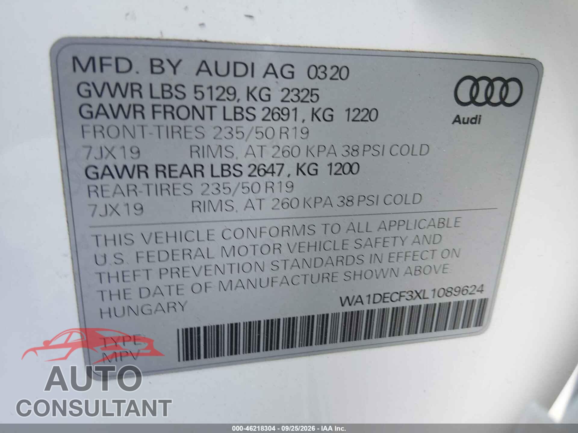 AUDI Q3 2020 - WA1DECF3XL1089624