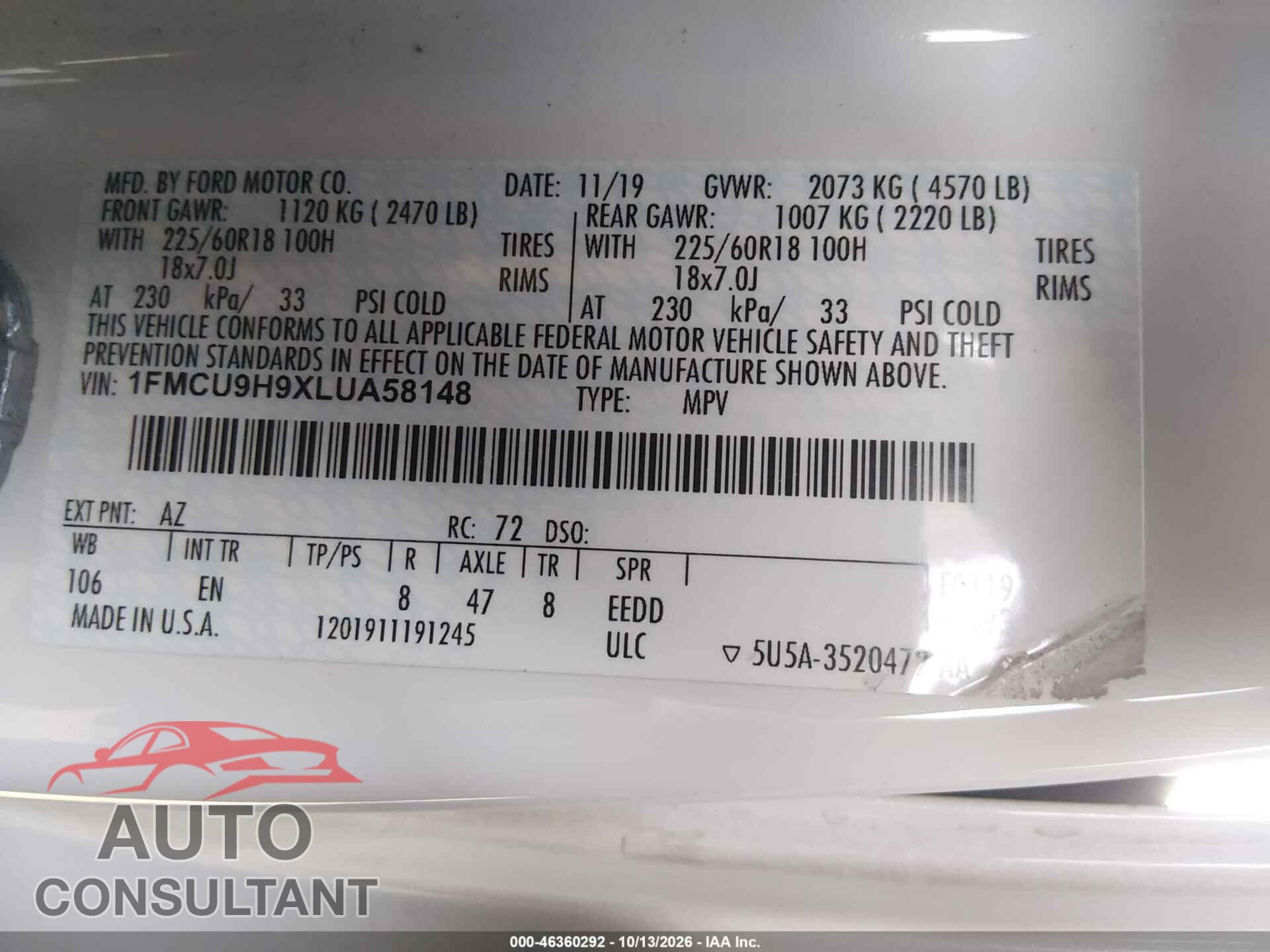 FORD ESCAPE 2020 - 1FMCU9H9XLUA58148