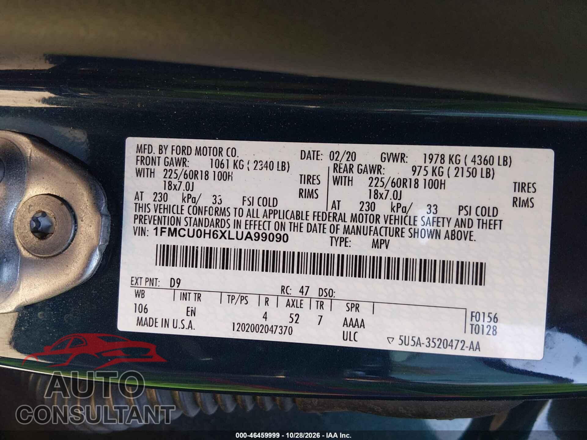 FORD ESCAPE 2020 - 1FMCU0H6XLUA99090