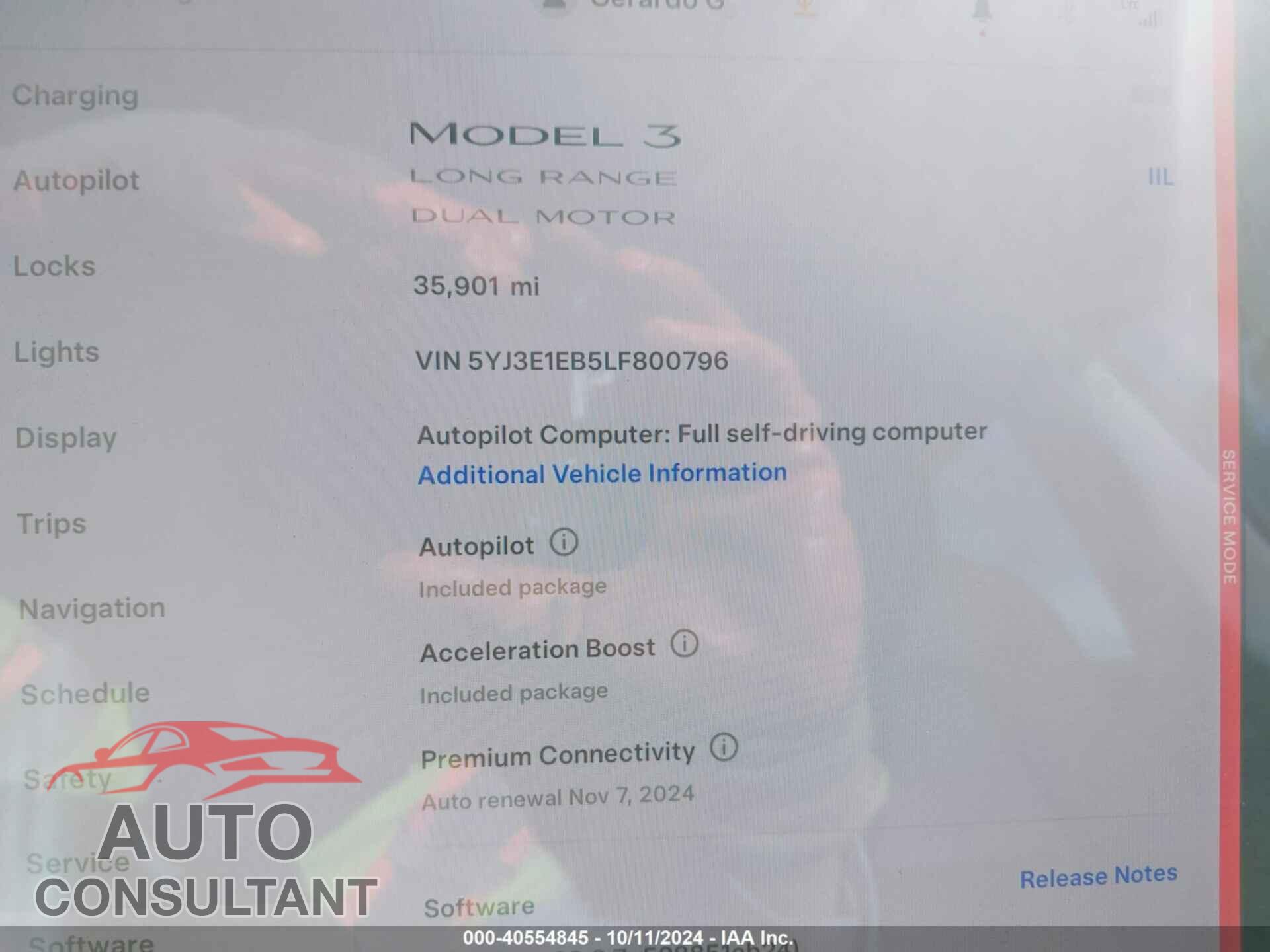 TESLA MODEL 3 2020 - 5YJ3E1EB5LF800796